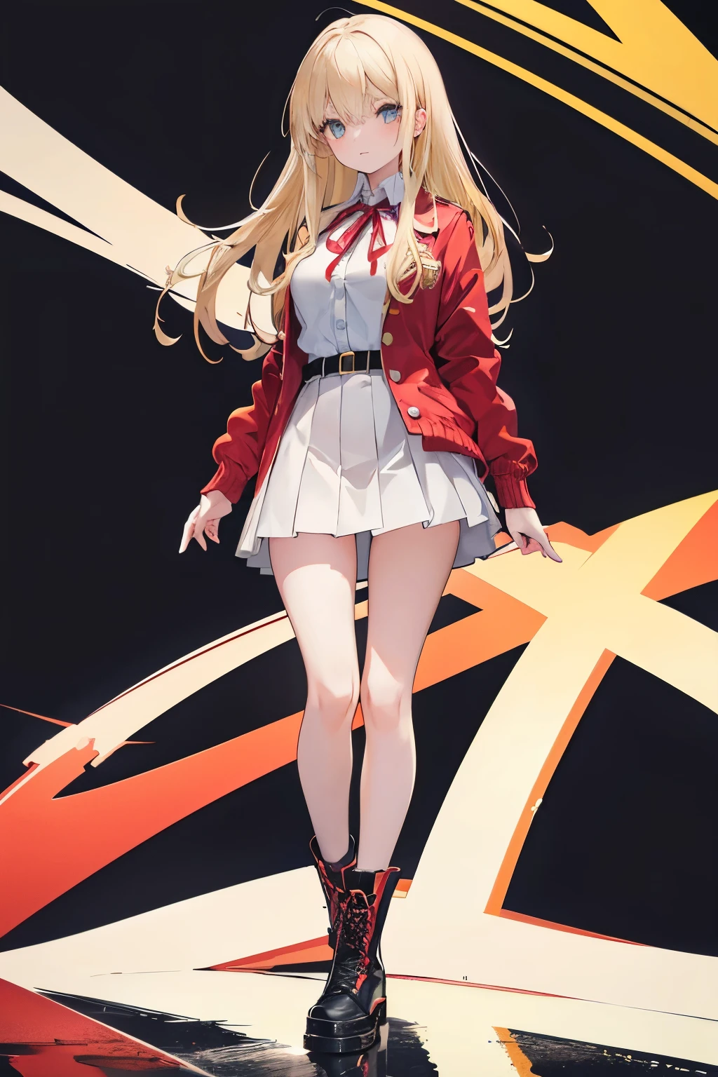 a pretty girl, full body, blonde hair, straight hair reaching mid-back, gray eyes, medium breasts, red school jacket with three yellow buttons, long sleeves, red lapels with yellow stripes on the edges, white planked miniskirt, black boots with laces Background a school in the day with white clouds and blue sky