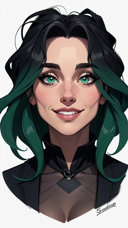 (estilo de desenho animado:1.2), Desenhos de (Bellatrix Lestrange), Sorriso, olhos verdes perfeitos, rosto detalhado, fundo branco, pose divertida, olhar sedutor,Corpo inteiro usando o uniforme de sanserina, medium beautiful breasts and wonderful body Cartoon style digital illustration young age woman