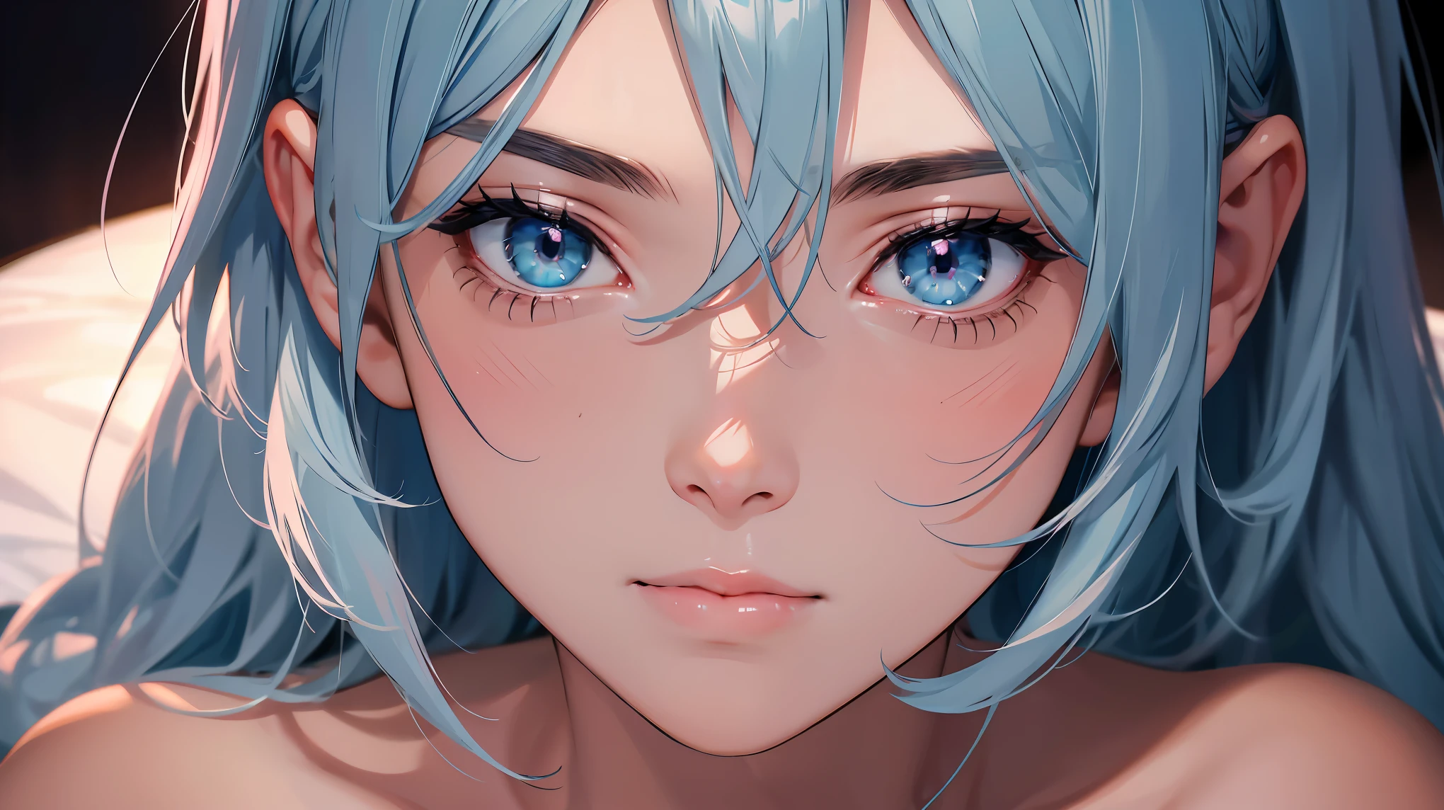 highly detailed, caustics, 8K, masterpiece, anatomically correct, award winning, highres, SFW, portrait, a woman, mature look, Light blue hair streaked pink, nude, full_Body, (perfect_Face), Best hair quality, Extra super detailed eyes, Extra high facial detail, side_body, eye reflection, focus on eyes, high textured skin, close up, mad, dramatic lighting, lowexposure, seems thaat after doing something, sweat, tired, heavy breathing, light blush, torogao, in bed