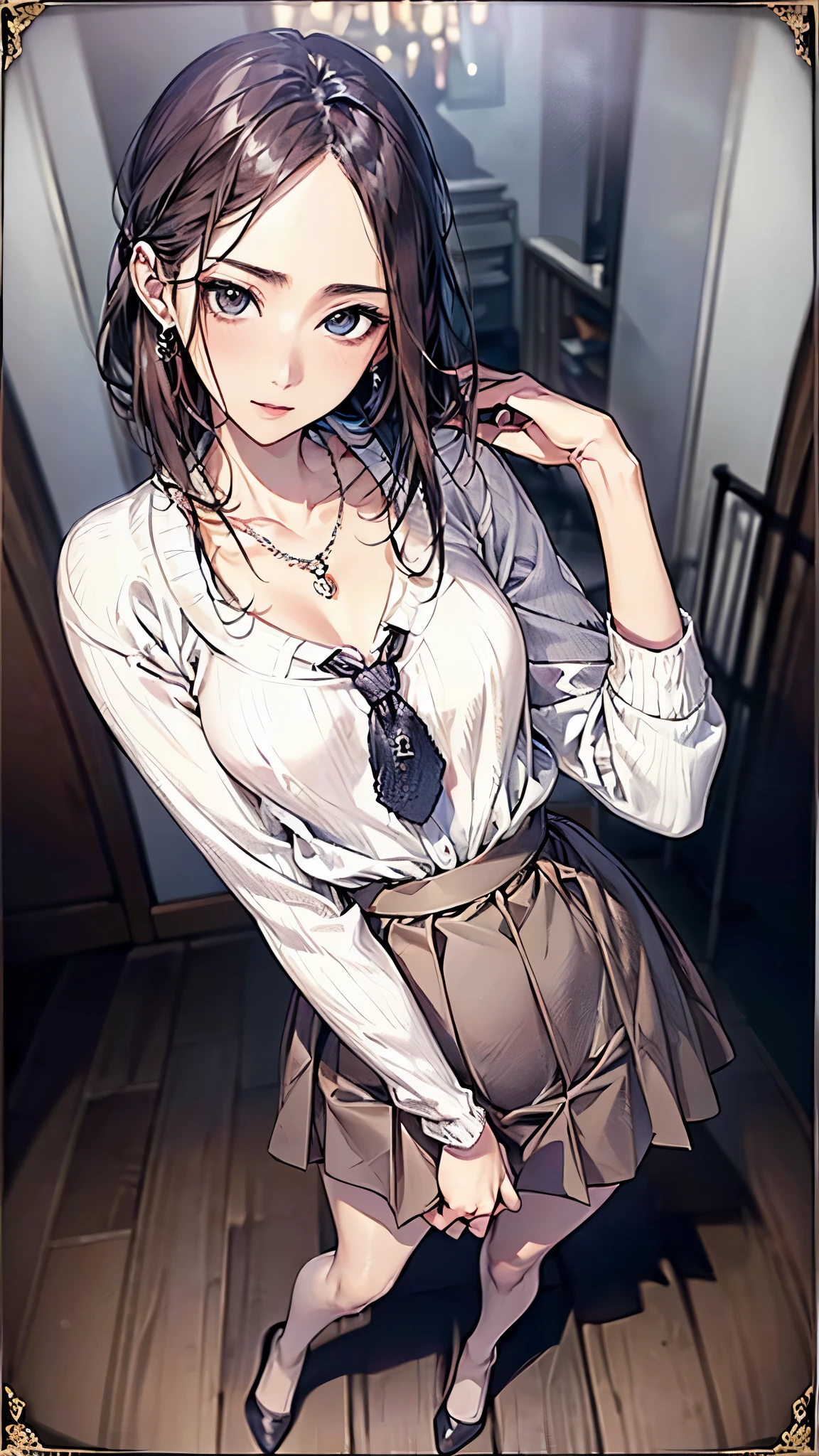 ((Biologically correct number of limbs))、(( Photo with face included))、4K、((Standing posture))、Masterpiece、((focus on the face))、((Symmetrical facial features))、Eyes with detailed description、Beautiful woman、Outstanding style、Beautiful clavicle、Beautiful legs、Beautiful Hands、Slender Body、(stockings、High heels）、Detailed depiction of faces、Small earrings、necklace、(Jacket、shirt、(Checked skirt))、Sidelong glance、A bow tie、Holiday morning in the park、(((white frame photo)))、Droopy eyes、Photographed from diagonally in front