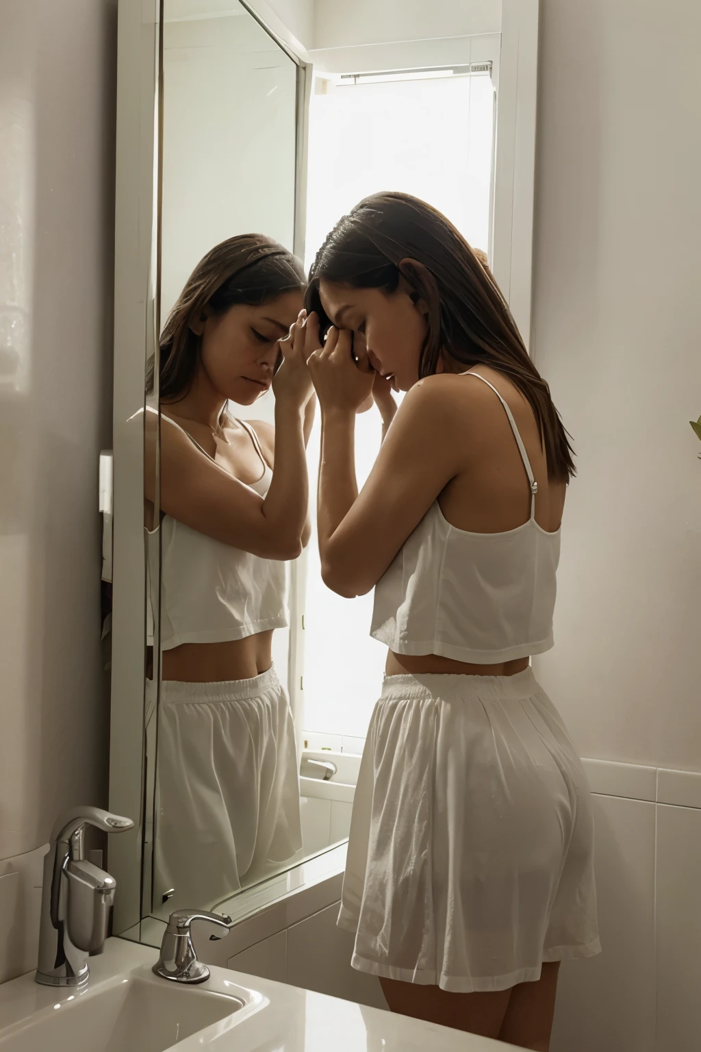 chica mirandose en un espejo llorando con tristeza