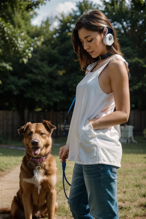 An image is needed to advertise a free webinar on the topic "leash,it&#39;s a connection with a dog" Images , where a woman stands next to her dog. Man holding a landline phone in his hands, which is connected by a wire to a telephone receiver from the 90s, near the dog&#39;s ear. A dog is standing next to a person with a wire connected to a collar and she is holding a telephone receiver to her ear., as if they were talking on the phone together. Add an image of a leash to the background, which symbolizes the bond between man and dog. Apply naturalness to the image. Pay attention, that the dog is also holding the phone. Background blurred landscape, not bright and not saturated. Divide the photo size into three horizontal parts and place the objects in the center. There must be one woman and one dog in the frame. There should be no other distracting objects. Be creative,