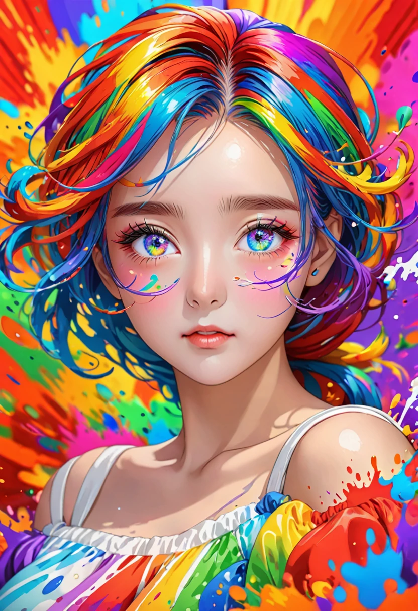 (Pink fashion T-shirt:1.9),(colorful hair: 1.8), (All colors of the rainbow: 1.8),(((((vertical drawing:1.6))), (drawing:1.6),front, comics, illustrations, drawings, big eyes, crystal clear eyes,( Rainbow gradient high ponytail:1.7), Exquisite makeup, Keep your mouth shut,(Little fresh: 1.5),(Wipe Chest: 1.6) ,long eyelashes, White off-shoulder T-shirt, white shoulder shirt,looking at the audience, 水汪汪的big eyes, (rainbow colored hair:1.6), 颜色飞splash, (alone:1.8), 颜色飞splash, color explosion, thick draw style, messy lines, ((shining)),(rich and colorful), (rich and colorful), (rich and colorful), rich and colorful, Thick draw Style, (splash) (Color splash), Vertical drawing, Upper body, draw splash, acrylic paint, slope, draw, Highest image quality, best quality, masterpiece, alone, depth of field, Face draw, rich and colorful clothes, (elegant: 1.2), Gorgeous,long hair, Wind, (elegant: 1.3), (petal: 1.4),(((masterpiece))),(((best quality))),((Super detailed)),(illustration),(Dynamic angle),((floating)),(draw),((disheveled hair)),(alone),(1 girl) , (((Detailed anima face))),((Beautiful and delicate face)),collar,bare shoulders,white hair, ((rich and colorful hair)),((striped hair)),Beautiful and delicate eyes,(slope color eyes),(((rich and colorful eyes))),(((rich and colorful background))),(((high saturation))),(((surrounded by rich and colorful splashes))),