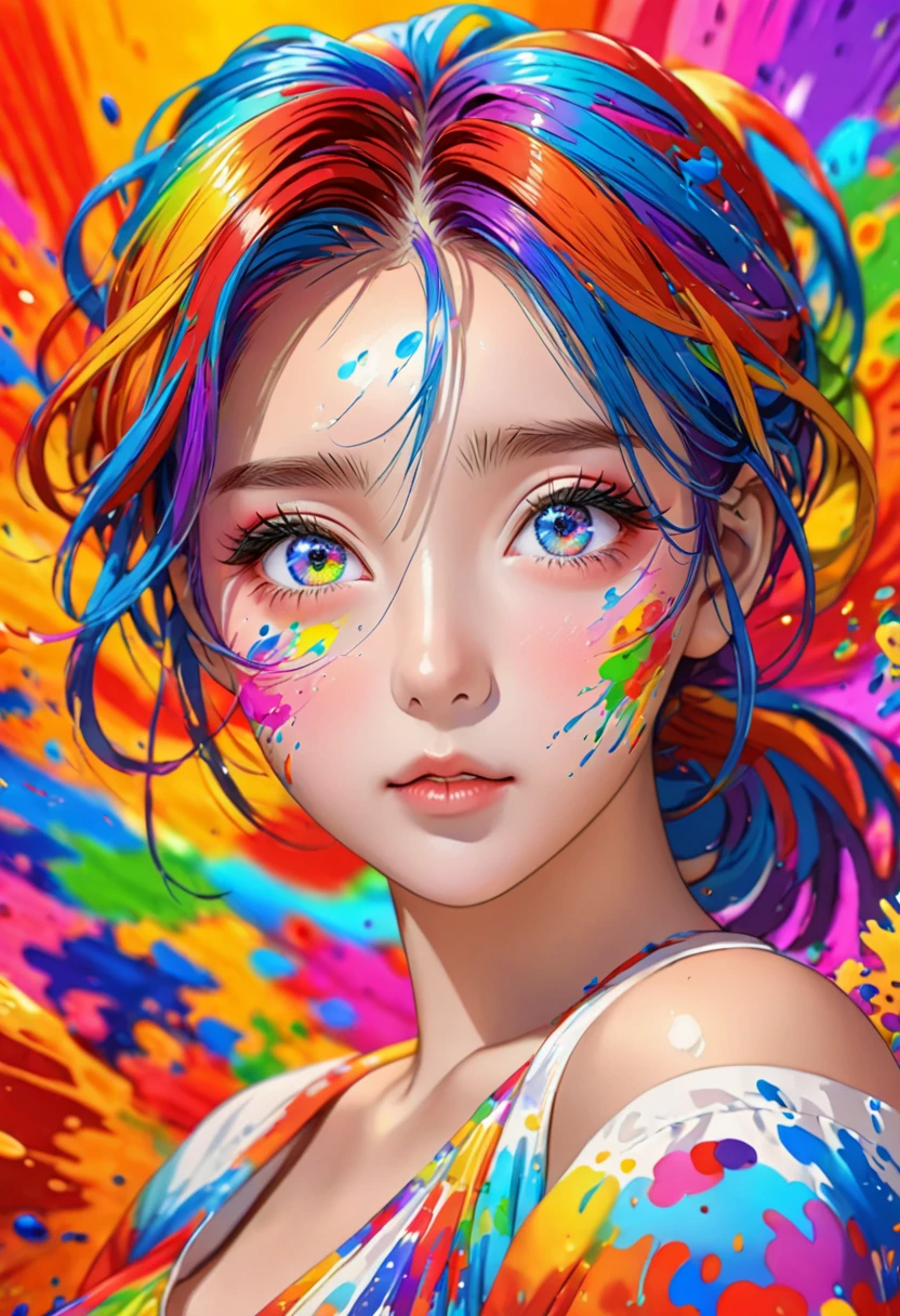 (Pink fashion T-shirt:1.9),(colorful hair: 1.8), (All colors of the rainbow: 1.8),(((((vertical drawing:1.6))), (drawing:1.6),front, comics, illustrations, drawings, big eyes, crystal clear eyes,( Rainbow gradient high ponytail:1.7), Exquisite makeup, Keep your mouth shut,(Little fresh: 1.5),(Wipe Chest: 1.6) ,long eyelashes, White off-shoulder T-shirt, white shoulder shirt,looking at the audience, 水汪汪的big eyes, (rainbow colored hair:1.6), 颜色飞splash, (alone:1.8), 颜色飞splash, color explosion, thick draw style, messy lines, ((shining)),(rich and colorful), (rich and colorful), (rich and colorful), rich and colorful, Thick draw Style, (splash) (Color splash), Vertical drawing, Upper body, draw splash, acrylic paint, slope, draw, Highest image quality, best quality, masterpiece, alone, depth of field, Face draw, rich and colorful clothes, (elegant: 1.2), Gorgeous,long hair, Wind, (elegant: 1.3), (petal: 1.4),(((masterpiece))),(((best quality))),((Super detailed)),(illustration),(Dynamic angle),((floating)),(draw),((disheveled hair)),(alone),(1 girl) , (((Detailed anima face))),((Beautiful and delicate face)),collar,bare shoulders,white hair, ((rich and colorful hair)),((striped hair)),Beautiful and delicate eyes,(slope color eyes),(((rich and colorful eyes))),(((rich and colorful background))),(((high saturation))),(((surrounded by rich and colorful splashes))),