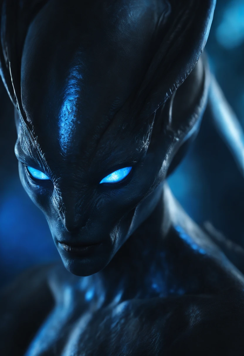 Detailed alien hyper blue skin with deep white eyes cinematic composition translucent skin dark ciaro art masterpiece