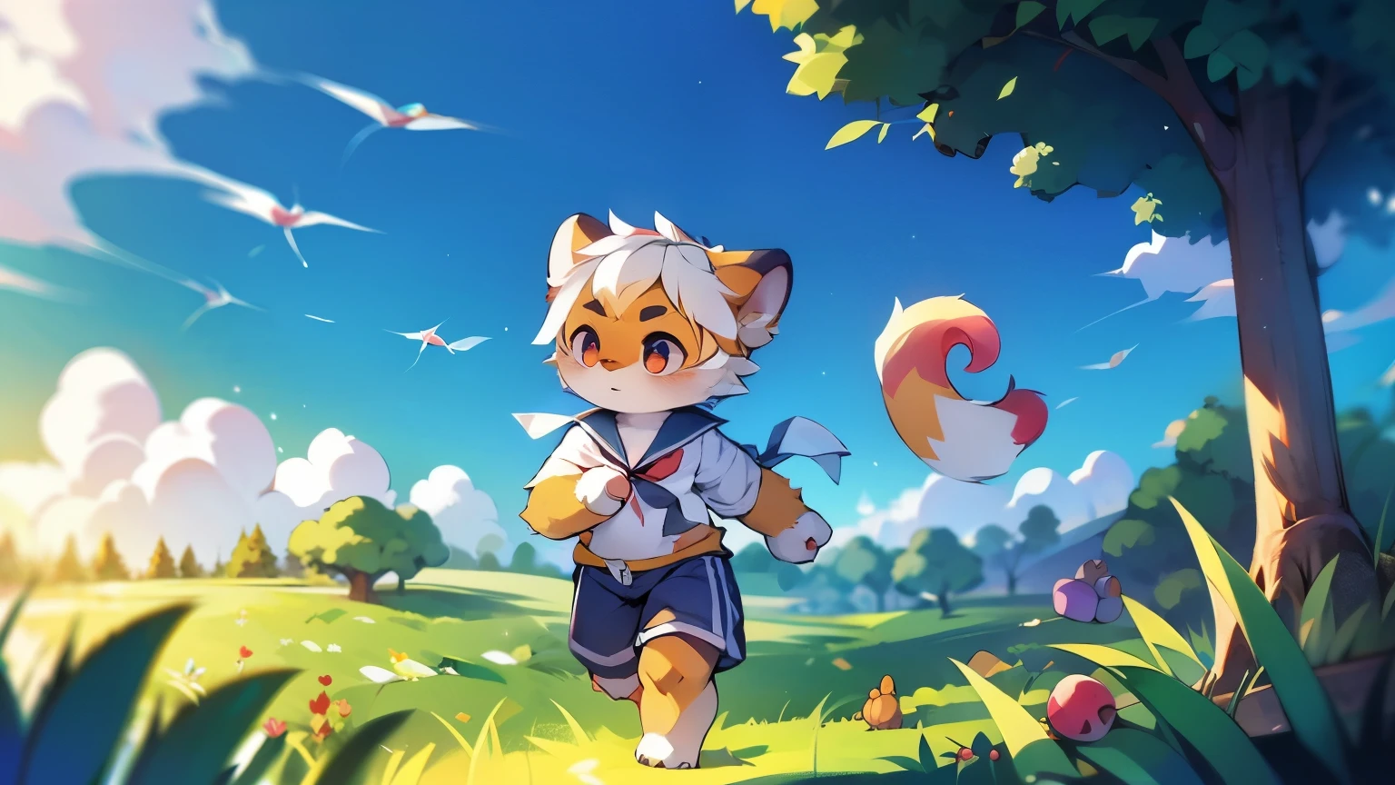 intermittently，masterpiece，High resolution，8K，Detailed background，high quality，intermittently，intermittently，（Light orange fur，white hair，black sclera，hairy的毛皮，Fine hairs）） hairy， shattered， muscular， horny boy， toy doll， shorter pants， Swimming pants， abyss,((In the field， field,run))， alone,Sailor suit,behave in a spoiled manner,shy blush