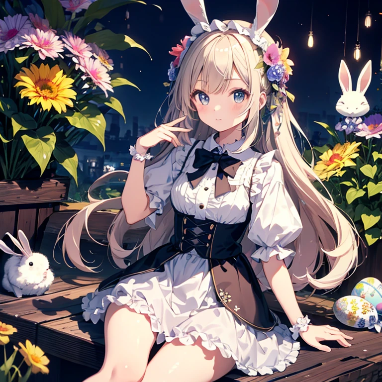 Anime illustration、highest quality、Fairy tale、Fantasy、Alice in Wonderland、plump female traveler、Bunny ears、Luxurious tea party、English Garden、Long machine、Big Breasts、Thick legs、Beautiful, shining eyes、smile、Noise Reduction