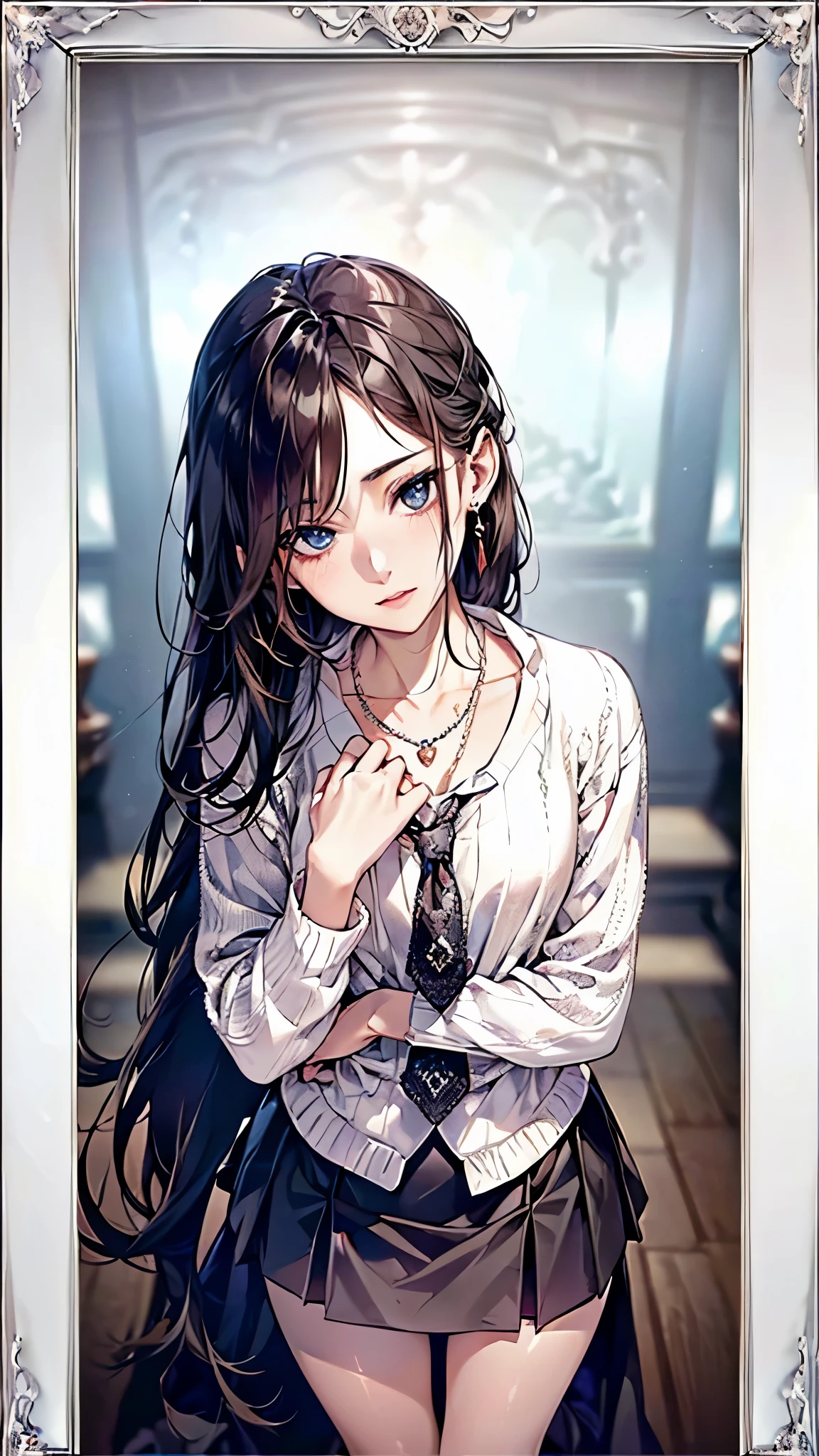 ((Biologically correct number of limbs))、(( Full body photo including face))、4K、((standing position))、masterpiece、((focus on the face))、((Symmetrical facial features))、Eyes with detailed description、Beautiful woman、outstanding style、beautiful clavicle、beautiful legs、beautiful hands、slender body、(small ass、thin thighs)、(stockings、high heels)、Detailed depiction of faces、small earrings、necklace、(knitted shirt、skirt)、close up of face、sideways glance、tie、Super dense fog、(((white frame photo)))、
