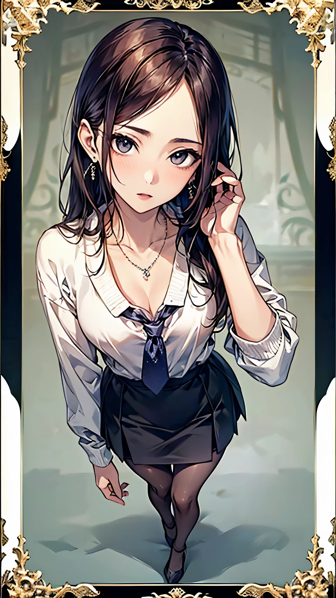 ((Biologically correct number of limbs))、(( Full body photo including face))、4K、((standing position))、masterpiece、((focus on the face))、((Symmetrical facial features))、Eyes with detailed description、Beautiful woman、outstanding style、beautiful clavicle、beautiful legs、beautiful hands、slender body、(small ass、thin thighs)、(stockings、high heels)、Detailed depiction of faces、small earrings、necklace、(knitted shirt、skirt)、close up of face、sideways glance、tie、Super dense fog、(((white frame photo)))、