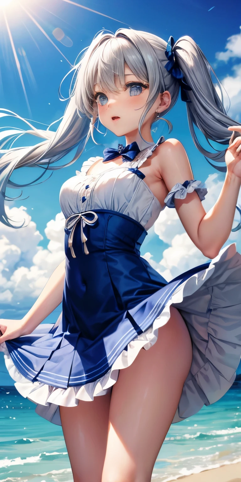 2girl girl silver long twin tails cute little face light blue detailed lace lingerie summer seaside short dress Skirt in the wind skirt lift buckshot Uplifting dynamic pose