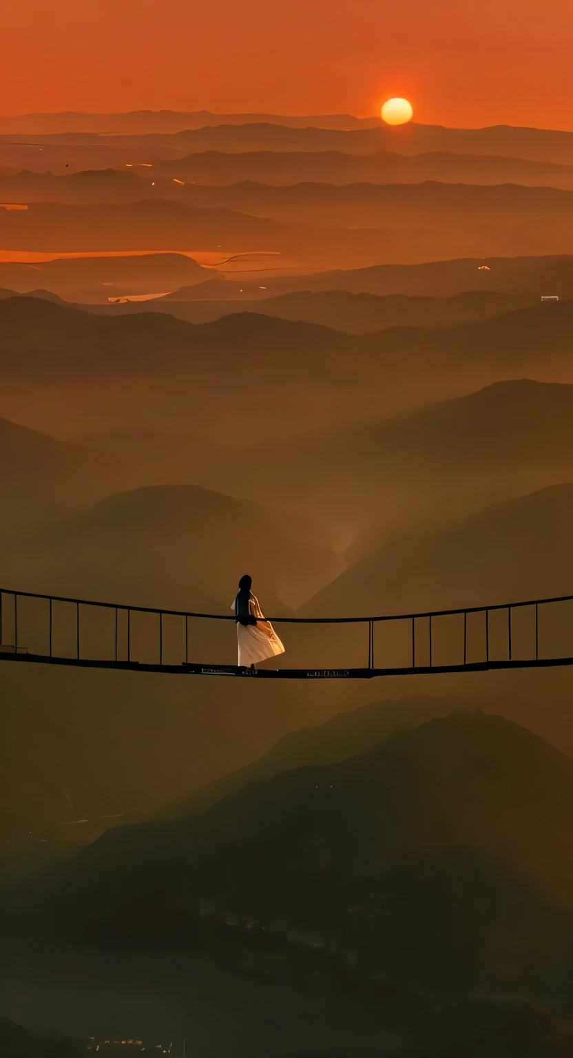 Alafi crosses a suspension bridge over the valley at sunset, sky bridges, amazing photography, stunning cinematography, birds are flying, People standing on the bridge, connected with hanging bridge!!, suspended bridge!, author:Ibrahim Mote, rope bridge, bridge, suspended bridge!!, beautiful photography, National Geographic Photos”, rope bridge, huge suspended wooden bridge,