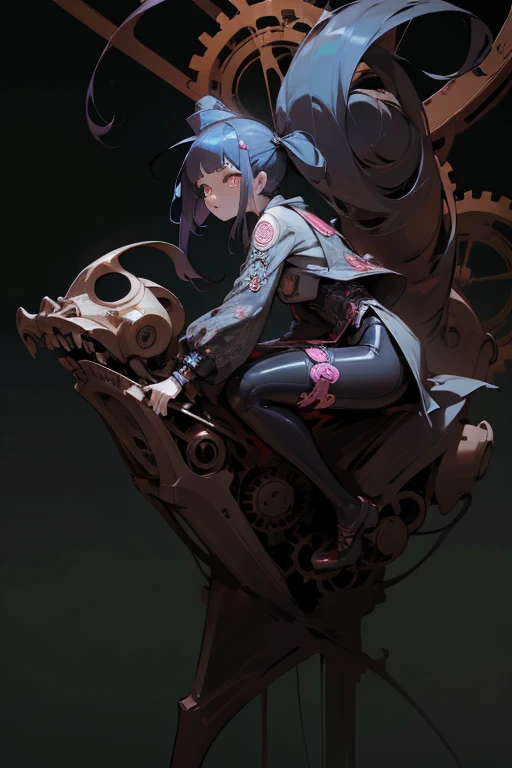 ((cyberpunk girl、latex short tights)),((Riding on the gears)), scribble, nightmare, doll-like face, cartoon style, rough sketch, Horror elements, (masterpiece), (High resolution), (super delicate), (clear), Comic style illustration、 Japanese painting, full body、 (snap shot), (Creepy), Japanese carving, old picture scroll style, crazy illustration, antique, dark atmosphere, flat illustration, Creepyな外観, Unusual and strange hairstyles, creative accessories, unique atmosphere、heaven