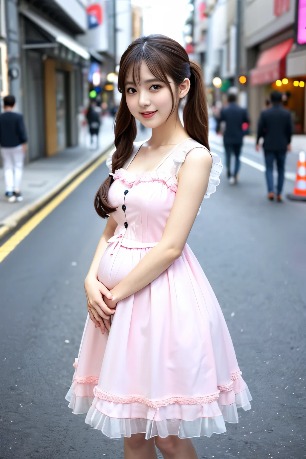 (highest quality、masterpiece、8K、best image quality、hyper realism、Award-winning work)、1 pregnant woman、(solo:1.1)、(1 photo:1.1)、(Feminine and girly cute light pink frilly ****ta dress:1.2)、(Perfect straight twin tails:1.2)、(late pregnancy:1.1)、(low length:1.1)、(Height: 140cm:1.1)、big breasts、emphasize body line、slender body、Standing gracefully、(Blurred Akihabara street background:1.1)、(The background is the blurred city of Akihabara:1.1)、blurred background、Full body photo of a woman standing gracefully、accurate anatomy、perfect makeup、long eyelashes、glossy lips、Ultra high definition glossy skin、(Ultra-high definition bright and beautiful skin:1.1)、超高精細のglossy lips、Super high definition beautiful teeth