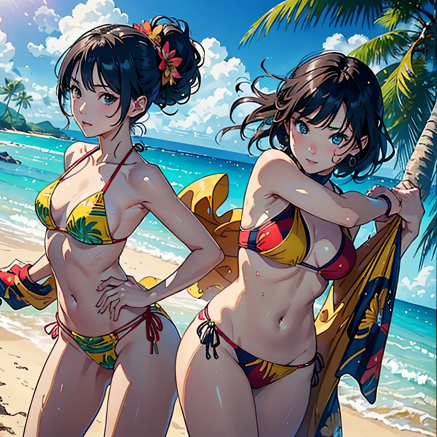[ 4K digital art ]、((highest quality, masterpiece, High resolution))、((anime art))、 ((reality))、beautiful japanese woman、((two women))、18-year-old、((dance、Dynamic limb movements))、(Detailed depiction of a beautiful face)、smile gently、small breasts、slim body shape、medium short hair、semi-long、bun hair、Wet see-through bikini、(Wrap your waist in fabric with bold ethnic patterns and plenty of primary colors.。.)、realistic skin、Wet、full body、No zoom、No close-ups、(Beautiful tropical beach landscape photography)、cinematic light、tropical、(flowers on the beach)、Against the background of palm trees、on a sunny beach、With the sea in the background、squall、rainbow、blur background、
