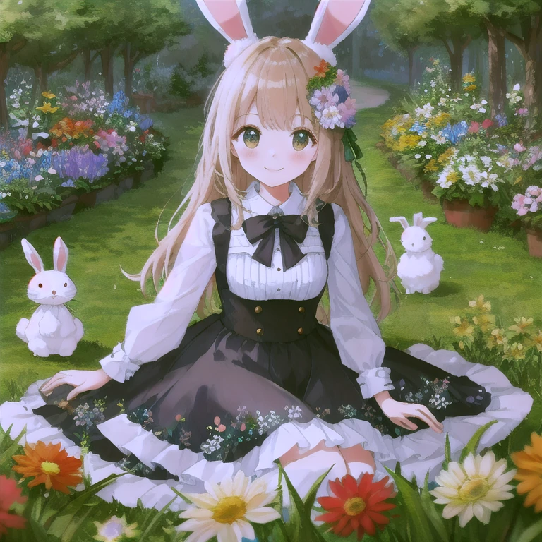 highest quality、8k、cute、Rabbit, easter egg、cute girl、big eggs、flower garden, smile, Grass, flowers, and good lighting