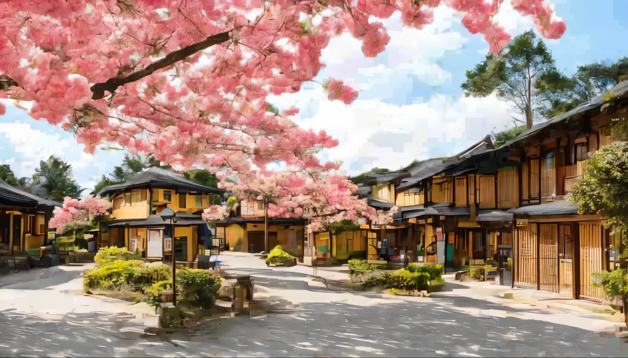 （8K，RAW photos），（best qualtiy），（tmasterpiece），（realisticlying，）（Photorealistic and realistic），（A high resolution）, 
This image depicts a vibrant and bustling village street, shaded by the soft pink hues of cherry blossom trees in full bloom. Traditional buildings line the pathway, with their curved roofs and wooden structures offering a nostalgic charm. The scene is reminiscent of a serene, yet lively locale, possibly inspired by, real the warmth of a close-knit community. Signs in a foreign script suggest a market or a hub of commerce, inviting a sense of curiosity and wanderlust towards the culture it represents, konoha gakure, ninja leaf village 