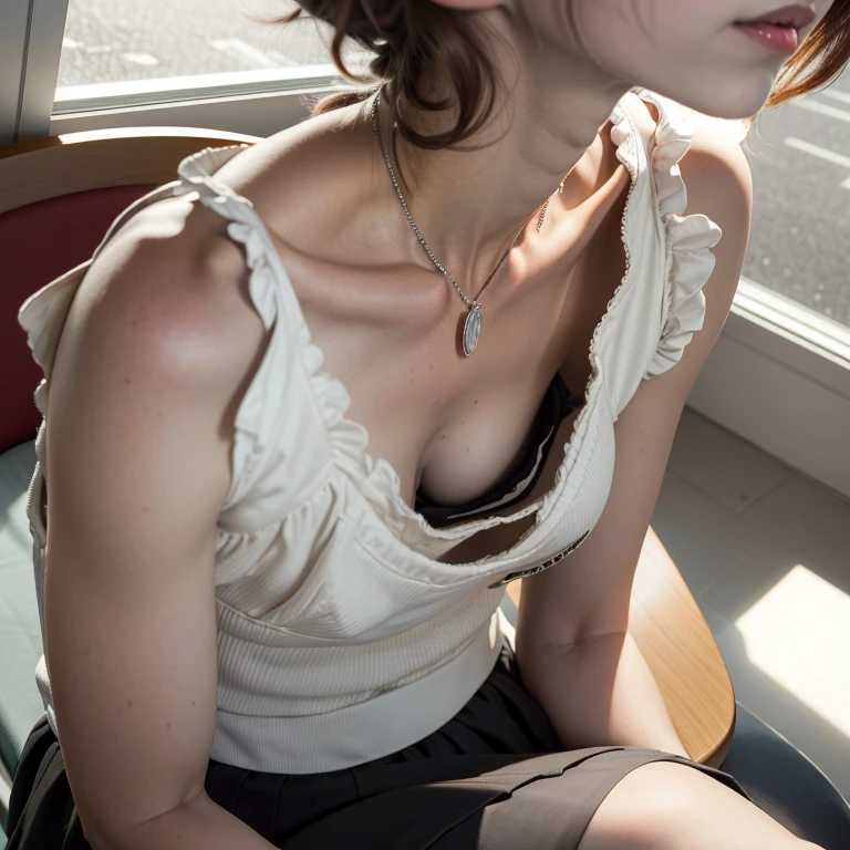 best quality, ultra high res, 8K, RAW photo ,cute school girl, japanese, solo, (((flat chest))),downblouse, small breasts, voluptuous, cute detailed bra with embellishments,overlap white gothic costume,(high resolution detail of human skin texture), short hair,necklace ,leaning over, view from above ,slender ,in classroom, 