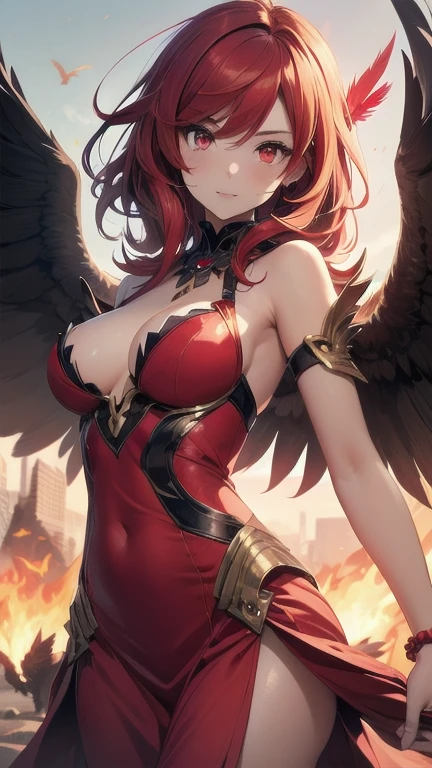 1girl, (masterpiece), best quality, expressive eyes, perfect face, anime, anime girl, red hair, wings, falvie, ((red feathered wings)), ((red feather dress)), ((harpy girl)), artwork of a phoenix, feathery red hair, detailed feathers, fiery bird, fiery scorching red eyes, bird, anime monster girl, female fursona, ((has red wings)), small breast, red feather bracelet