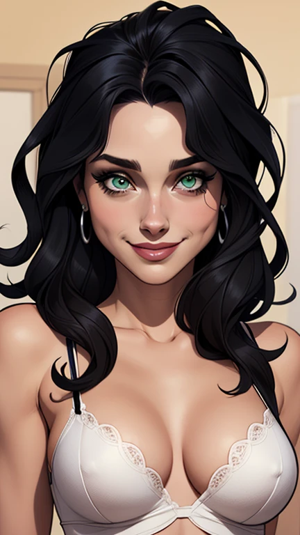 (estilo de desenho animado:1.2), Desenhos de (Bellatrix Lestrange), Sorriso, olhos verdes perfeitos, rosto detalhado, fundo branco, pose divertida, olhar sedutor,Corpo inteiro usando espartilho, medium beautiful breasts and wonderful body Cartoon style digital illustration young age woman