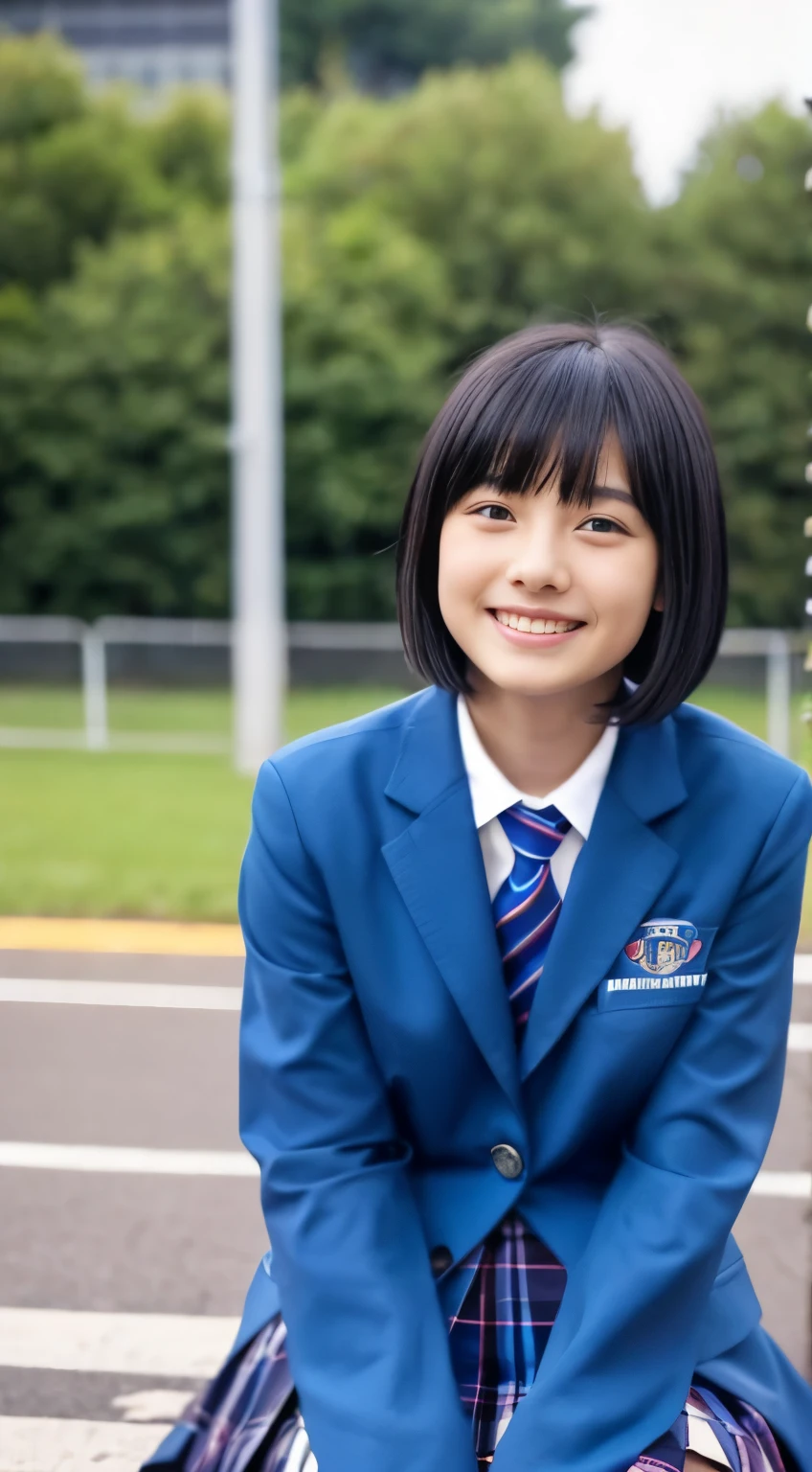 、tall、high school girl、the way、black hair bob cut、Blue Blazer、check skirt、physical education sitting、thighs、smile、looking at the camera、Japanese