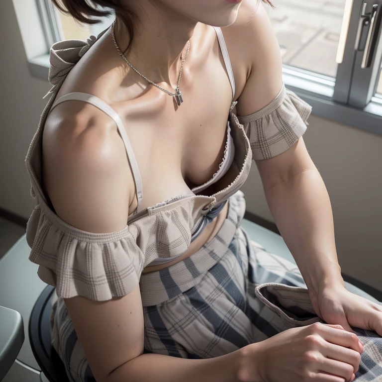 best quality, ultra high res, 8K, RAW photo ,cute school girl, japanese, solo, (((flat chest))),downblouse, small breasts, voluptuous, cute detailed bra with embellishments,overlap white gothic costume,(high resolution detail of human skin texture), short hair,necklace ,leaning over, view from above ,slender ,in classroom, 