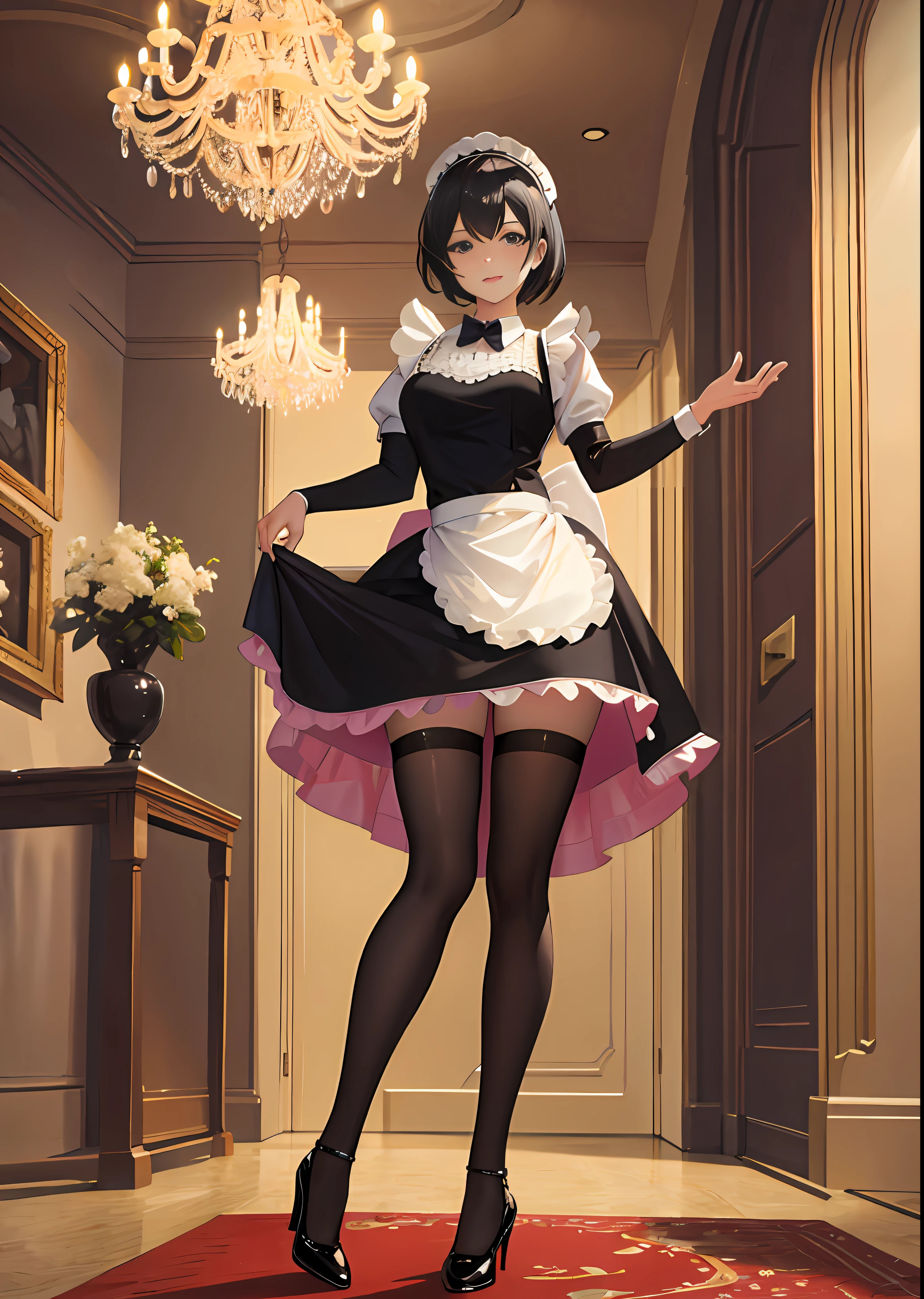Full body photo of beautiful sexy maid in very short skirt and seamed stockings, stands_straight, (solo)), adult, banquet Room with Dazzling Chandeliers, high heels, craving, strokes_herself