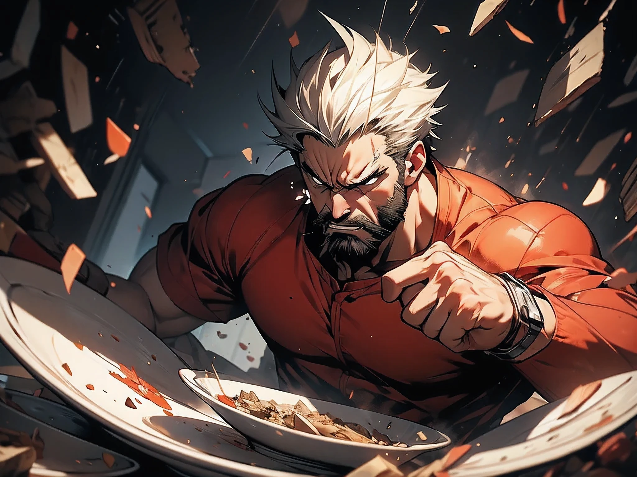 1 man,Angry expression,Broken plates in hand,at home