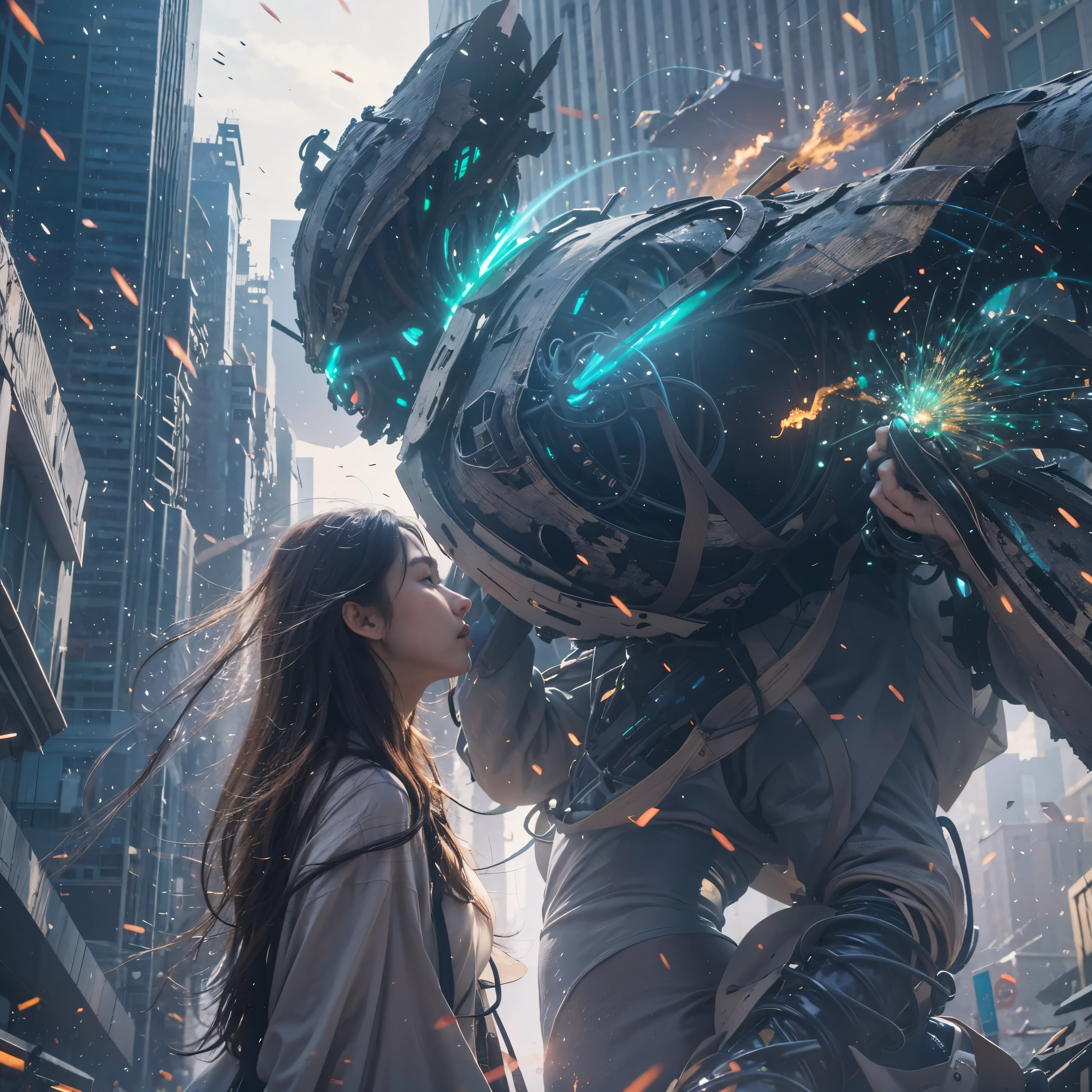 (highest quality、4k、8k、High resolution、master piece: 1.2)、Super detailed、(real、photorealistic、photorealistic: 1.37)、Destruction of a Great City、(A telekinetic woman stands in front of a spaceship controlled by the invaders:1.37) 、(Women are young and beautiful、18-year-old、unparalleled beauty:1.5)、Insert mental barriers to resist robot attacks、vibrant cityscape、Bright colors、Shining skyscrapers、busy street、Futuristic architecture and technology、Advanced holographic display、Neon light splashes 、dramatic lighting、intense shadow、Awe-inspiring power that exudes from women、Determination in His Eyes、An elegant flowing gown、Dynamic action in the wind、Reach out and rush towards the robot.、A powerful energy emanates from the hands、Blue glowing aura、sparks of electricity、electricity crackling in the air、A vortex of energy surrounding a woman、A fascinating and surreal atmosphere、A sense of danger and impending destruction、Background chaos and destruction、Crumbling buildings、flying debris、Smoke and flames、 The contrast between beauty and destruction、The war between technology and the extraordinary power of young women。
