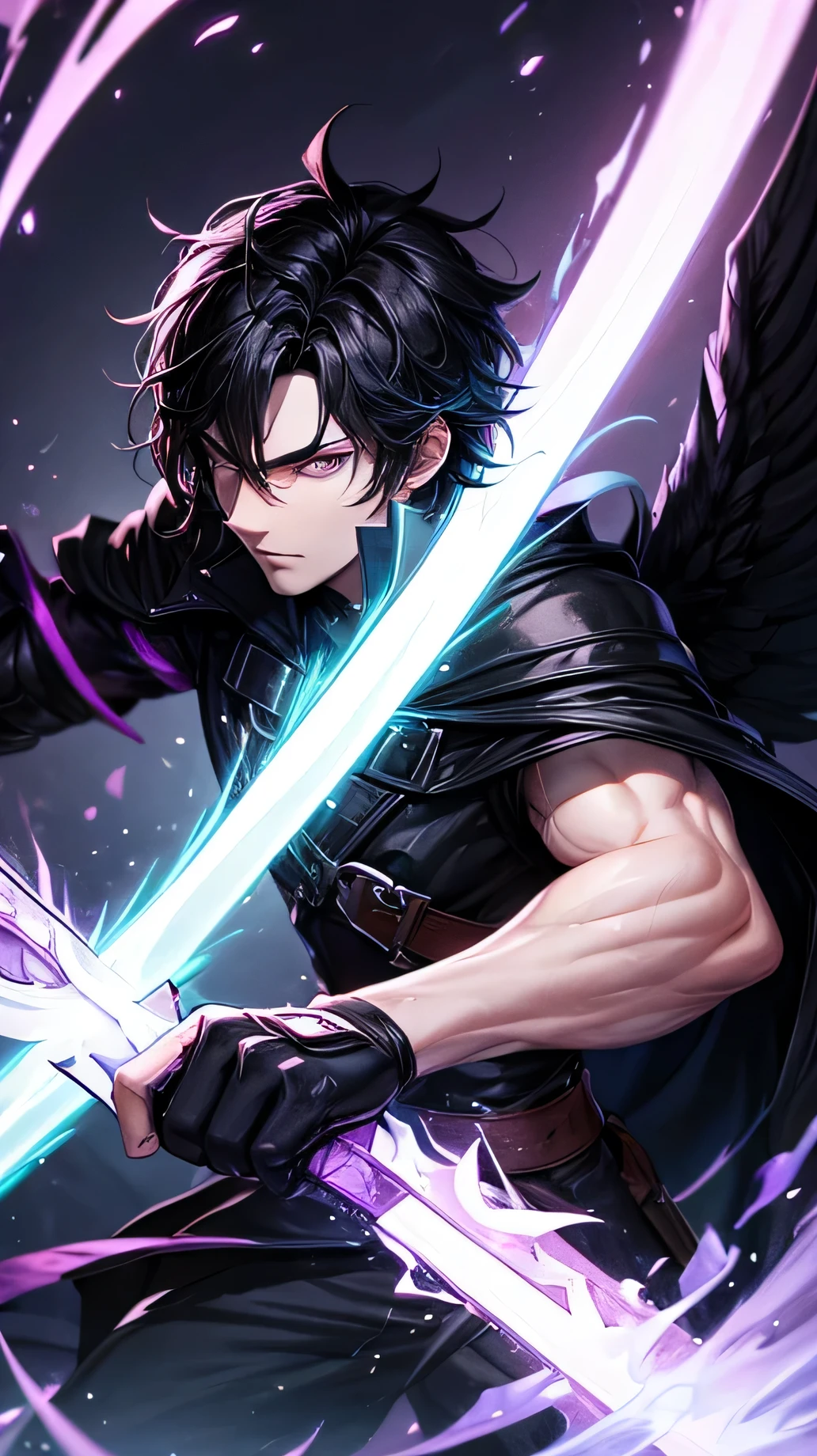 Man with black hair and black cloack holding a sword that glows bright purple and only have one black huge wing on his right side