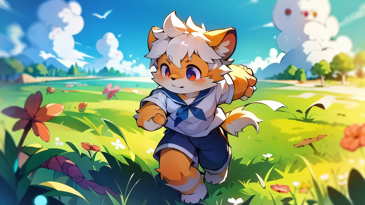 intermittently，masterpiece，High resolution，8K，Detailed background，high quality，intermittently，intermittently，（Light orange fur，white hair，black sclera，hairy的毛皮，Fine hairs）） hairy， shattered， muscular， horny boy， windmill， shorter pants， Swimming pants， abyss,((In the field， field,run))， alone,Sailor suit,behave in a spoiled manner,shy blush