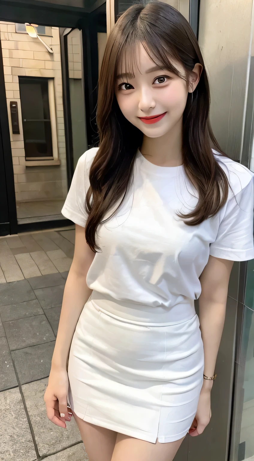 white tight shirt、White tight mini skirt、floor、a smile、short sleeves、High level of image quality