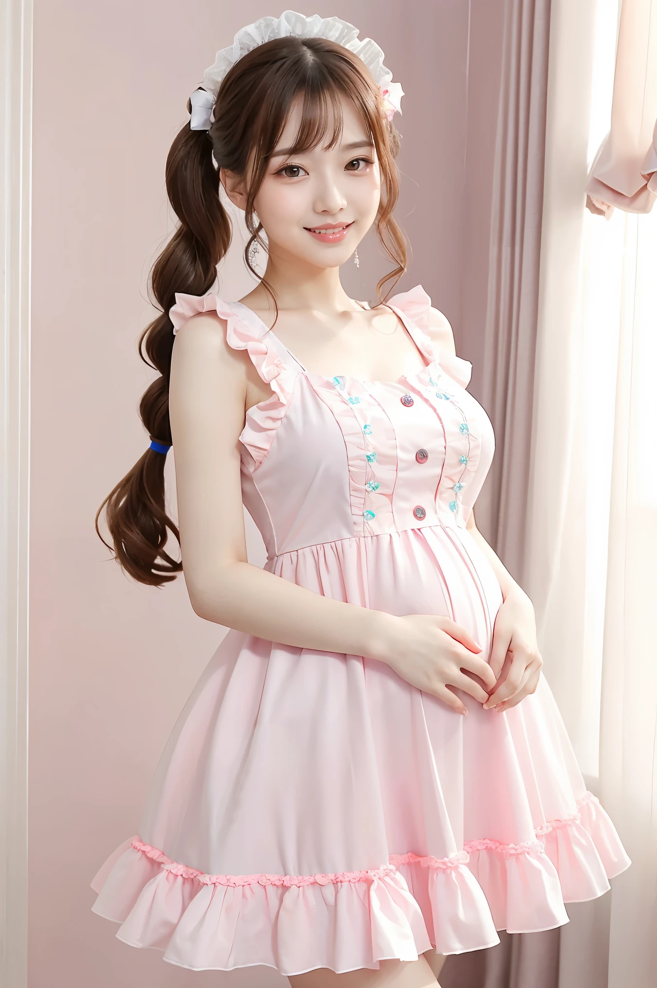 (highest quality、masterpiece、8K、best image quality、hyper realism、Award-winning work)、1 pregnant woman、(solo:1.1)、(1 photo:1.1)、(Feminine and girly cute light pink frilly lolita dress:1.2)、(Perfect straight twin tails:1.2)、(late pregnancy:1.2)、(low length:1.1)、(Height: 140cm:1.1)、(big breasts:1.1)、(Tight and slender waist:1.1)、emphasize body line、(slender body:1.1)、Standing gracefully、(Pastel colored girly and feminine lolita room background:1.1)、(The background is a blurred lolita room:1.1)、(Feminine and girly cute curtains in pastel colors:1.1)、(very bright:1.1)、(Pastel colored walls with feminine and girly cute decorations:1.1)、(Feminine and girly cute lolita decoration:1.1)、(Number of cute feminine and girly interiors々:1.1)、(Feminine and girly cute accessories:1.1)、blurred background、Full body photo of a woman standing gracefully、accurate anatomy、perfect makeup、long eyelashes、glossy lips、Ultra high definition glossy skin、(Ultra-high definition bright and beautiful skin:1.2)、超高精細のglossy lips、Super high definition beautiful teeth
