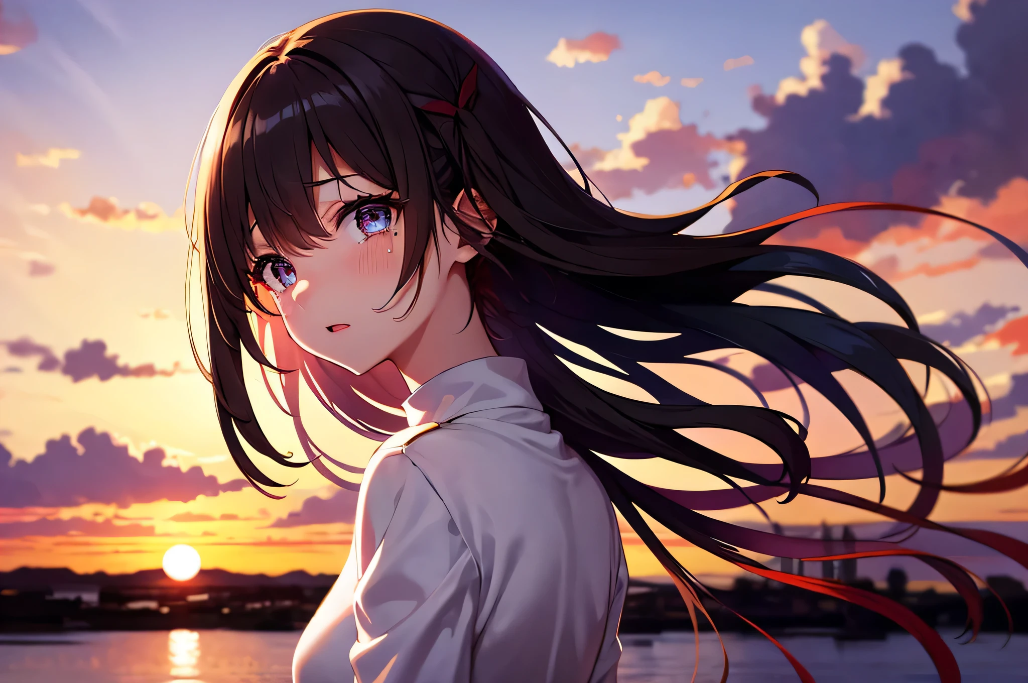 disorganized, High resolution, highest quality, 1 girl, beautiful face, detailed face, fine eyes, looking down, scenery, sunset, cloud, Wind, ［tears：A small amount］, shot from behind, white sweater, black hair, long hair, beautiful hair