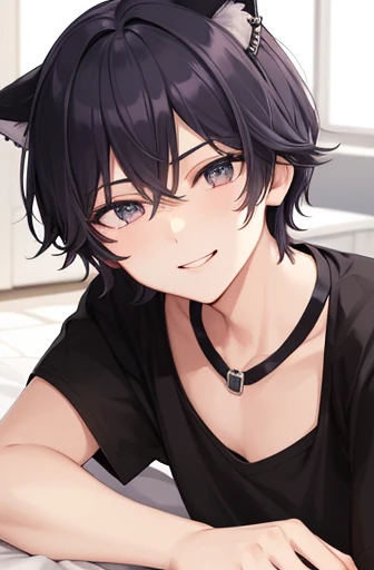 Downer handsome boy cat eyes piercings in both ears Short sleeve shorts illustration style Slender body naughty smile lying down