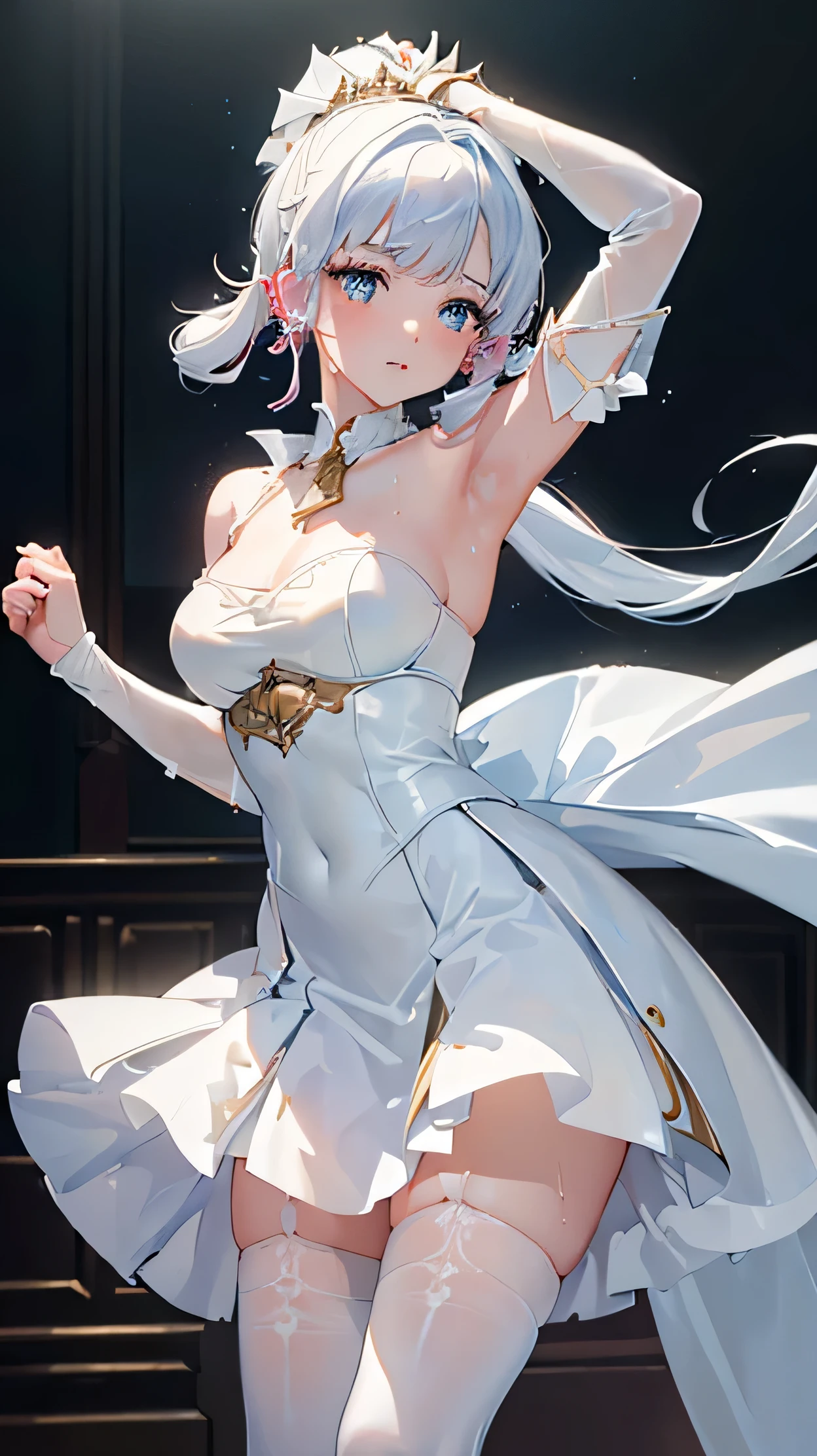 ((beautiful lighting, Best quality, 8K, Masterpiece: 1.3)), 1girl, Perfect body beauty: 1.4, elegant, Sweaty + wet skin,((white hair)), (White dress: 1.4), (Over the knee white stockings: 1.5), (long dress), Super Fine Face, lingerie, ((dancing)), (elegant room) 