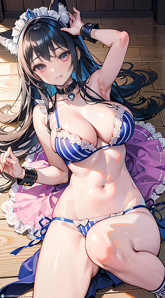 high quality, masterpiece, super detailed, Bottom view，1 girl,  extremely detailed faces, blue striped bikini bra，Maid tiara，Dance ballet,lie on the floor，handcuffs，collar，Calm expression,Smile，handcuffs，collar，long black hair, charming pink eyes, fox ears, Ridiculously big, shiny skin, Dance room, wooden floor，Medieval town