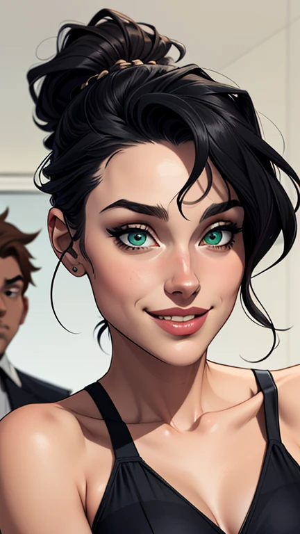 (estilo de desenho animado:1.2), Desenhos de (Bellatrix Lestrange), Sorriso, olhos verdes perfeitos, rosto detalhado, fundo branco, pose divertida, olhar sedutor,Corpo inteiro usando o uniforme de sanserina, medium beautiful breasts and wonderful body Cartoon style digital illustration young age woman