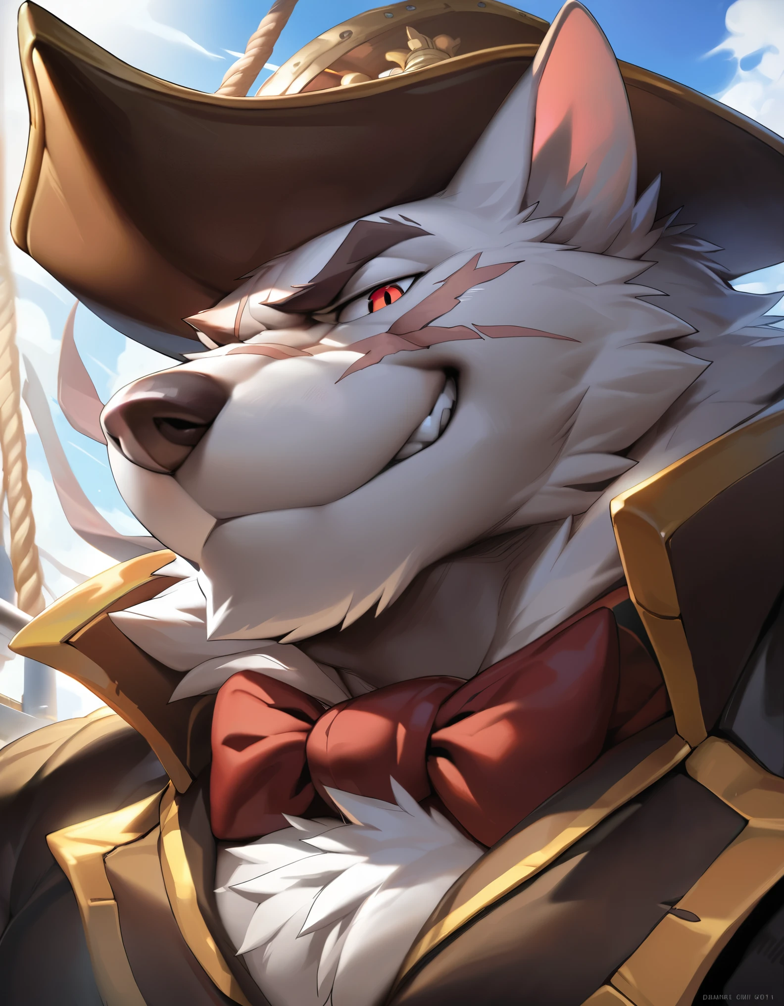 anthro, kemono, male, solo, ((pirate costume, scar)), handsome, ((wolf) fluffy fur, fluffy), detailed face, detailed eyes, middle-aged, (((muscular))), (close up:1.5), (looking at viewer), (smirk, furrowed eyebrow, half-closed eyebrow), ((The most feared person)), (sky with clouds), (at ship:1.5), smoking, detailed background, (high quality, highres, masterpiece), (dynamic lighting, vivid color), (low-angle view:1.3), by takemoto arashi, by null-ghost, by canyne khai, by darkgem, by chunnie