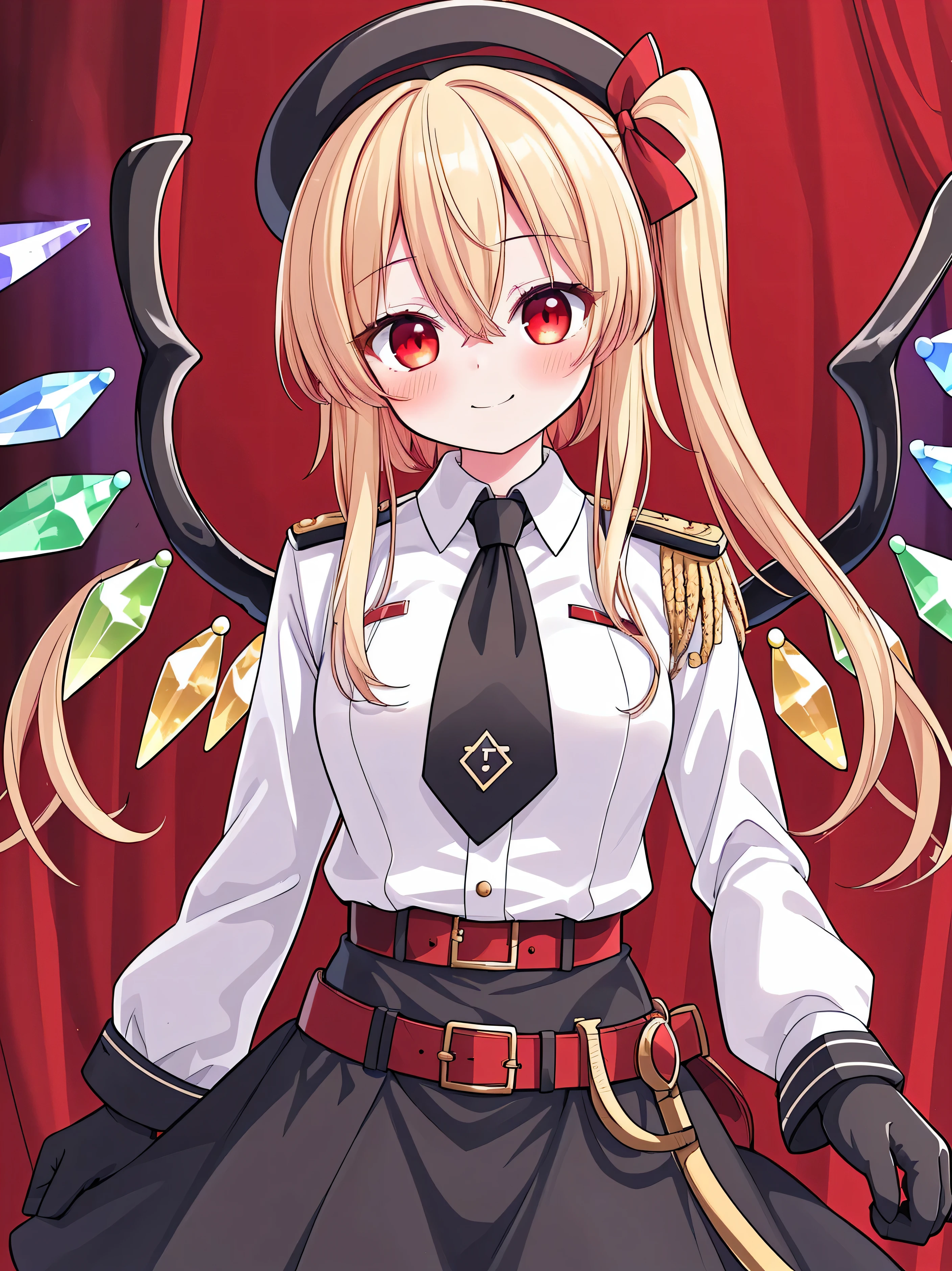 masterpiece, top quality, super detailed, CG illustration, high resolution, better lighting, best shadows, very delicate and beautiful, proper shading, hd, 8k,flandre scarlet, 1girl, solo, looking at viewer, blush, smile, blonde hair, shirt, red eyes, gloves, long sleeves, hat, white background, holding, hair between eyes, closed mouth, white shirt, cowboy shot, wings, necktie, alternate costume, black gloves, belt, uniform,coat, military, black headwear, military uniform, buttons, black necktie, epaulettes, black coat, crystal