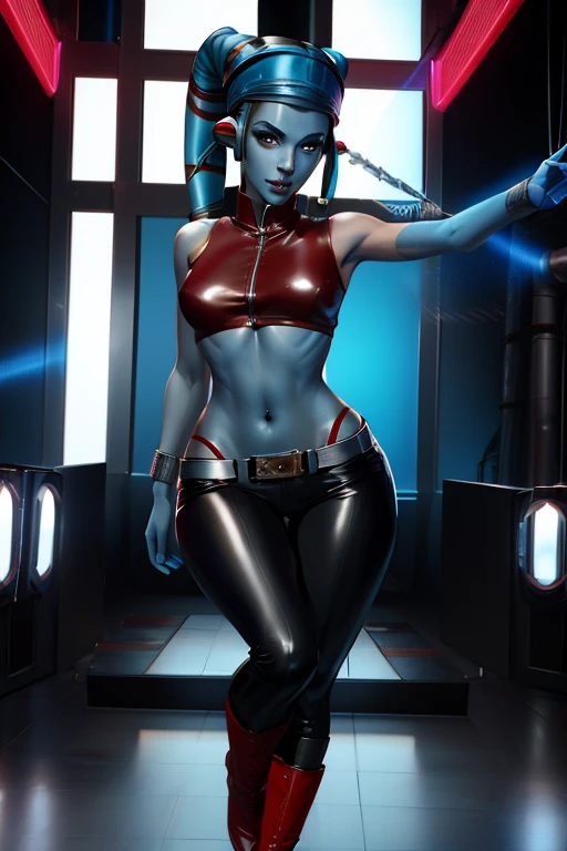 Aayla Secura wearing a skimpy outfit and a leather headpiece, blue skin toned abs as a 20-year-old Pop Star, in high definition 3D, cyberpunk style, stylish, wearing black leather sleeveless clothes, bloodred leather pants with a silver zipper and belt below the waist, dancing , Nudist, shirtless and pintless singing on stage