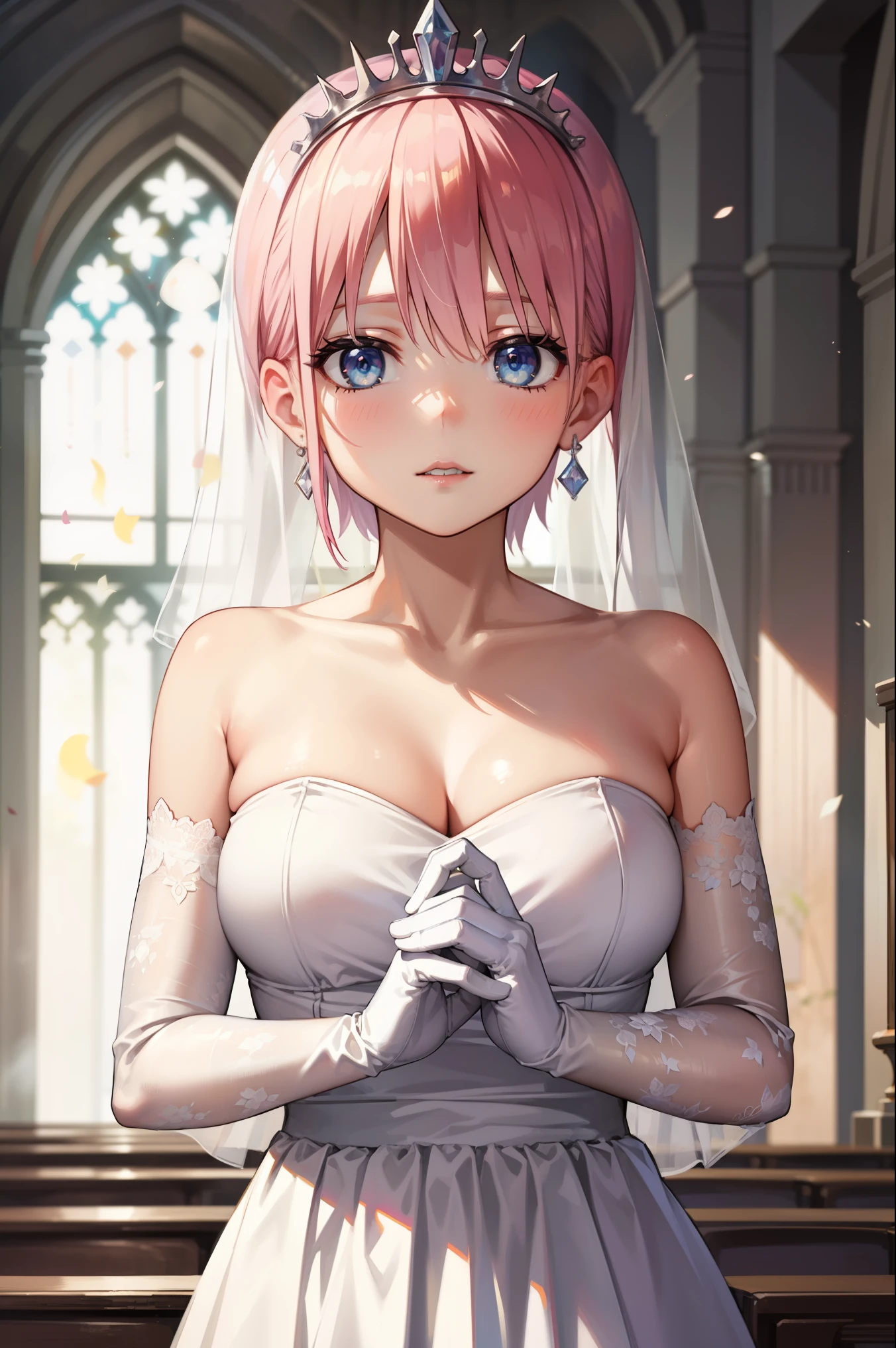 ichikanakano, ichika nakano, short hair, bangs, blue eyes, hair between eyes, pink hair, earrings,
BREAK gloves, dress, cleavage, bare shoulders, collarbone, elbow gloves, white gloves, white dress, strapless, tiara, veil, strapless dress, wedding dress, bridal veil,
BREAK indoors, church,
BREAK looking at viewer, BREAK (masterpiece:1.2), best quality, high resolution, unity 8k wallpaper, (illustration:0.8), (beautiful detailed eyes:1.6), extremely detailed face, perfect lighting, extremely detailed CG, (perfect hands, perfect anatomy),