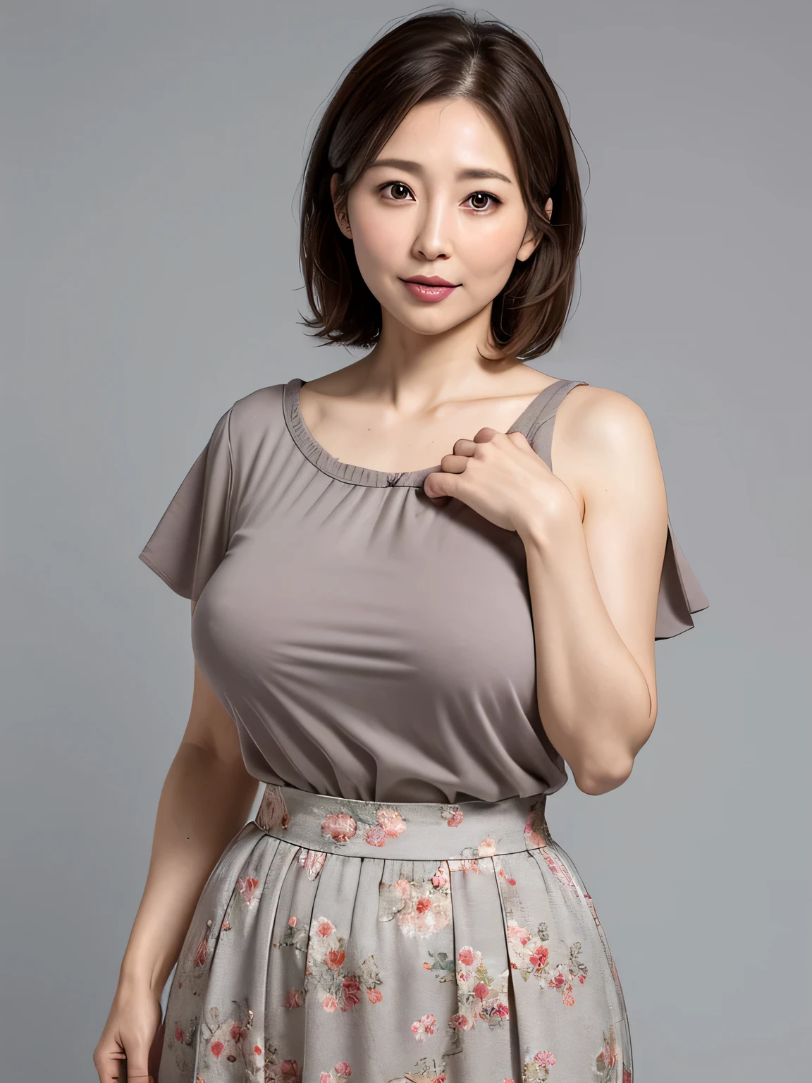 High resolution, High level image quality, high detail, masterpiece, rough skin, anatomically correct, sharp, gray background ((japanese mature, 30 years old)), alone, ((facial wrinkles)), good shape big breasts, Straight light brown hair that reaches to the shoulders, Chubby body type, (((stand upright, facing the center of the screen.))), Staring straight ahead with an open mouth and a tired face, summer blouse, summer skirt,
