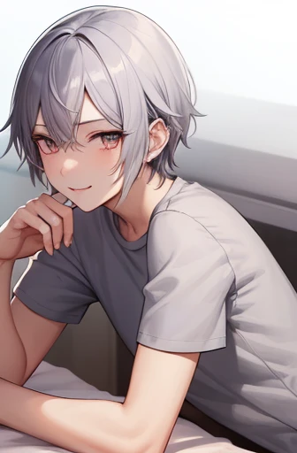 cheeky handsome boy　silver hair　cat eyes　piercings in both ears　Short sleeve shorts　illustration style　Slender body　naughty smile　lying down