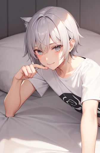 cheeky handsome boy　silver hair　cat eyes　piercings in both ears　Short sleeve shorts　illustration style　Slender body　naughty smile　lying down