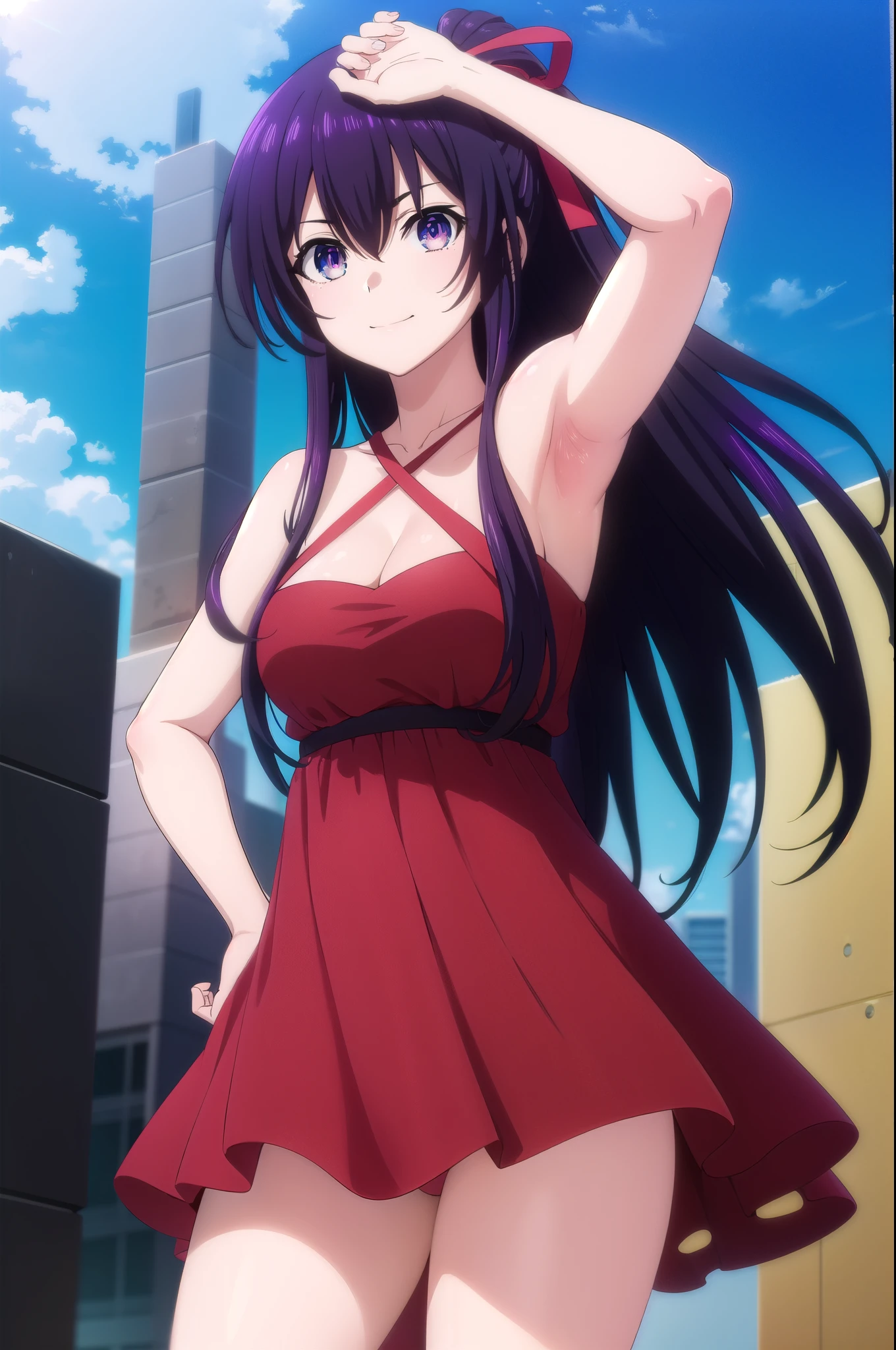 tohkayatogami, tohka yatogami casual, long hair, purple hair, alluringly smile, dress, bodycon mini dress, v neck , dress, ribbon, bare shoulders, (purple eyes:1.1), hair ribbon, ponytail, purple hair, white ribbon, off shoulder, armpits, g cup breast , cleavage, (maroon dress:1.2), short skirts 
BREAK ,
BREAK outdoors, city, people, crowd, sky, clouds, sun, blue sky,
BREAK looking at viewer, (cowboy shot:1.5),
BREAK (masterpiece:1.2), best quality, high resolution, unity 8k wallpaper, (illustration:0.8), (beautiful detailed eyes:1.6), extremely detailed face, perfect lighting, extremely detailed CG, (perfect hands, perfect anatomy),