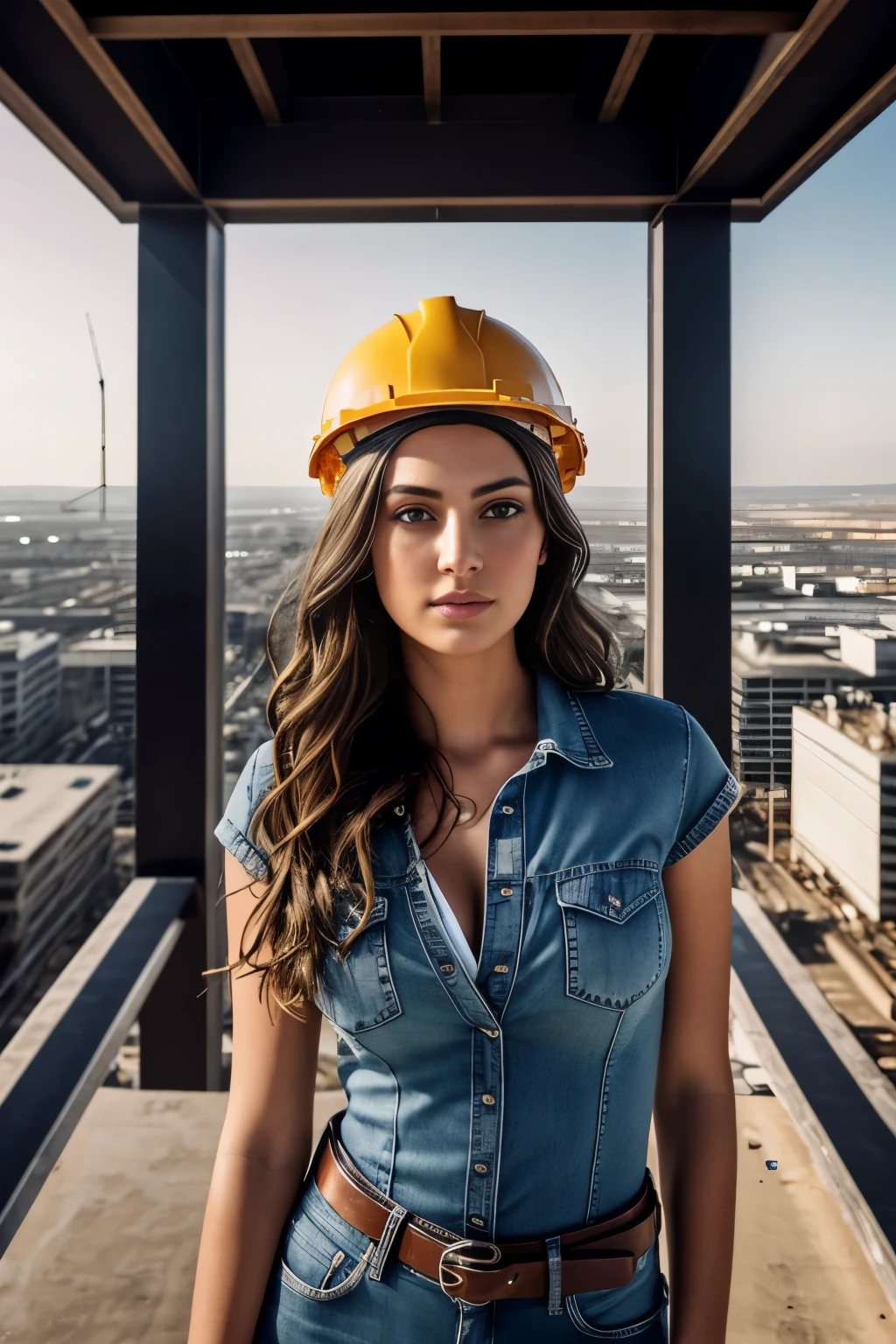 wide shot, photography of a stunning girl, serious expressions, topless and skinny jeans below a carpenters toolbelt, full bust visible, wavy hair pouring out from under a hard hat, standing on a steel beam, high above the city, acrophobia, construction site below, tall building under construction, intense look and makeup, looking away from viewer, symmetrical eyes, symmetrical face, photorealistic, photography, path tracing, specular lighting, volumetric face light, path traced hair, visible shadows, intricate, elaborate, hyper realistic