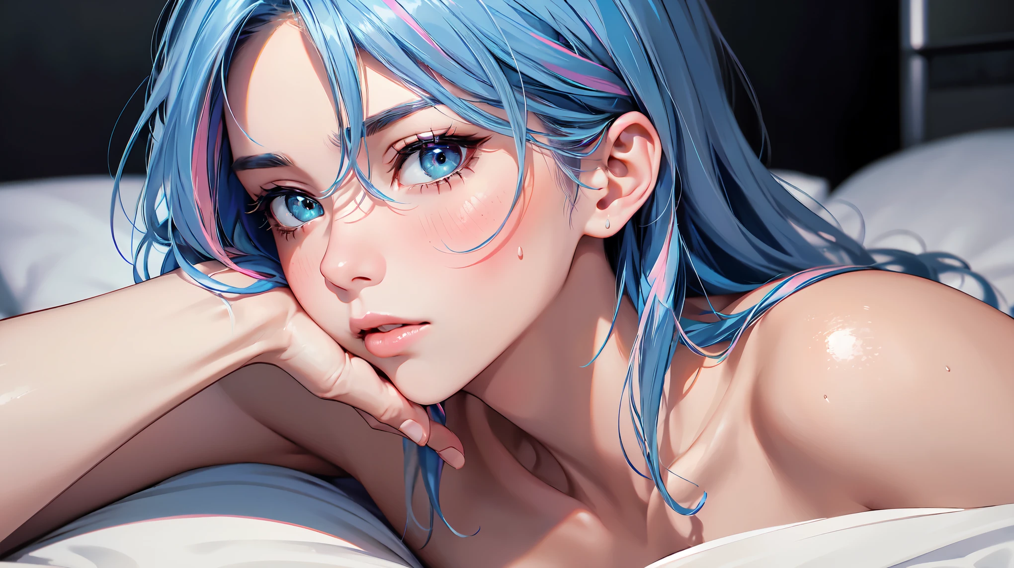 highly detailed, caustics, 8K, masterpiece, anatomically correct, award winning, highres, SFW, a woman, mature look, blue pink hair streaked blue hair, nude, full_Body, (perfect_Face), Best hair quality, Extra super detailed eyes, Detailed top eyelashes, Extra high facial detail, side_body, eye reflection, focus on eyes, high textured skin, close up, mad, dramatic lighting, lowexposure, (seems after doing something), (sweat), (tired), (heavy breathing), (light blush), (torogao), in bed