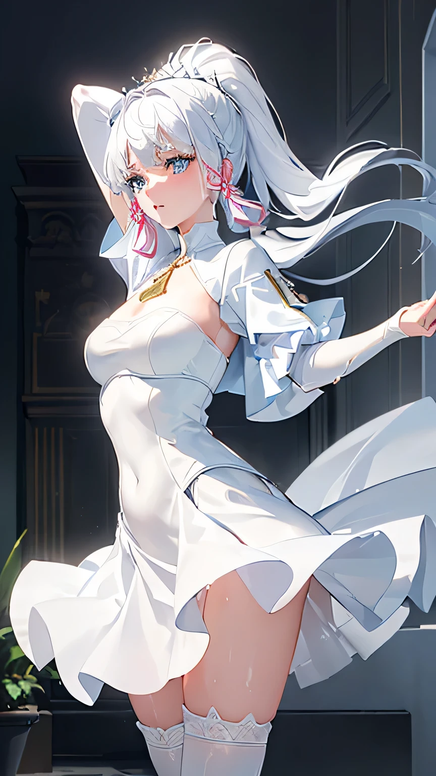 ((beautiful lighting, Best quality, 8K, Masterpiece: 1.3)), 1girl, Perfect body beauty: 1.4, elegant, Sweaty + wet skin,((white hair)), (White dress: 1.4), (Over the knee white stockings: 1.5), (long dress), Super Fine Face, lingerie, ((dancing)), (elegant room)
