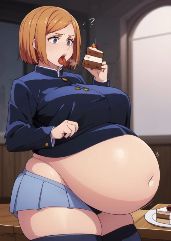 (masterpiece, best quality), 1girls, big belly, blurry background, huge belly, art by kipteitei, round belly, chubby, curvy, short cut hair, brown hair, ripped shirt, skirt, thighhighs, simple_background, gradient_background, belly bursting out of (((black school uniform))), long sleeves, enormous belly, fat belly, thicc, bigger belly, really big belly, jiggly belly, giant huge belly, big enormous belly, ((((gigantic belly)))), bloated belly, fat belly, ginormous big belly, expanding big belly, sfw, safe for work, standing up belly on table, sfw (safe for work), nobara kunisaki, (((eating cake, hand full of cake, shoving cake into mouth, open mouth, cake in front of mouth))), sweating, blushing, ahegao, moaning, (((gurgling groaning grumbling belly, jiggly belly, gigantic swelling fat belly bulging out of clothes ))), belly on table, belly flopped on table,