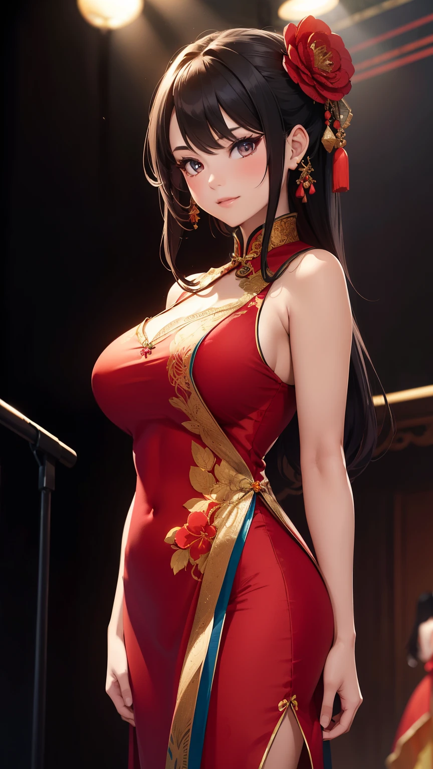One girl, clad in a vibrant Chinese dress, adorned with intricate embroidery and a flowing hair flower, stood before the crowd, her shiny skin reflecting the soft glow of the stage lights. Her lips, painted a bold red, curved into a playful smile as she looked out at the audience, her cleft lip adding a unique charm to her features. Her were accentuated by the low-cut neckline of her dress, adding to her allure. The best quality of this masterpiece was the attention to detail, from the intricate patterns on her dress to the perfectly rendered strands of her hair.